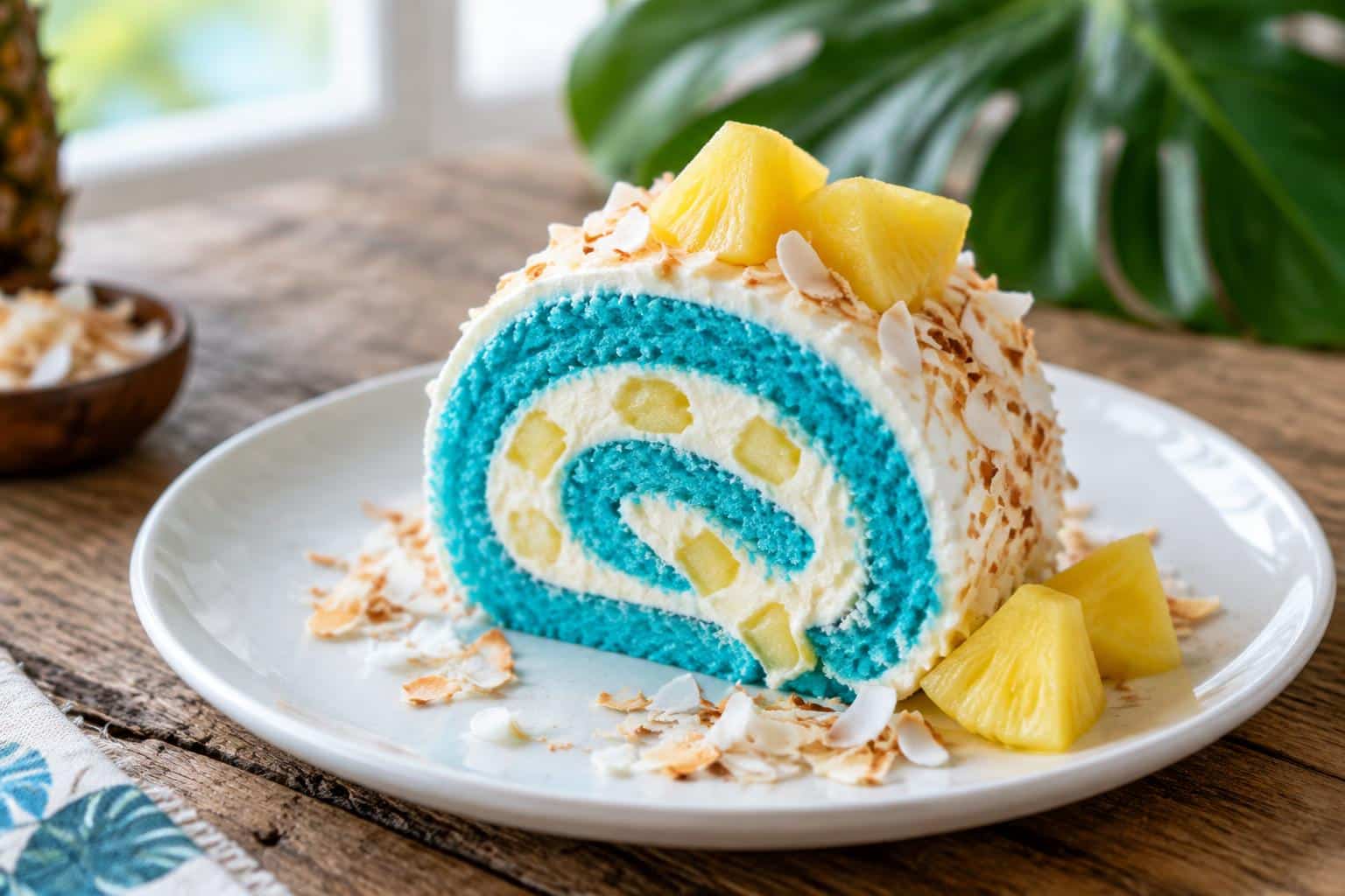 Slice of tropical blue cake roll with toasted coconut and pineapple, tropical blue cake roll dessert