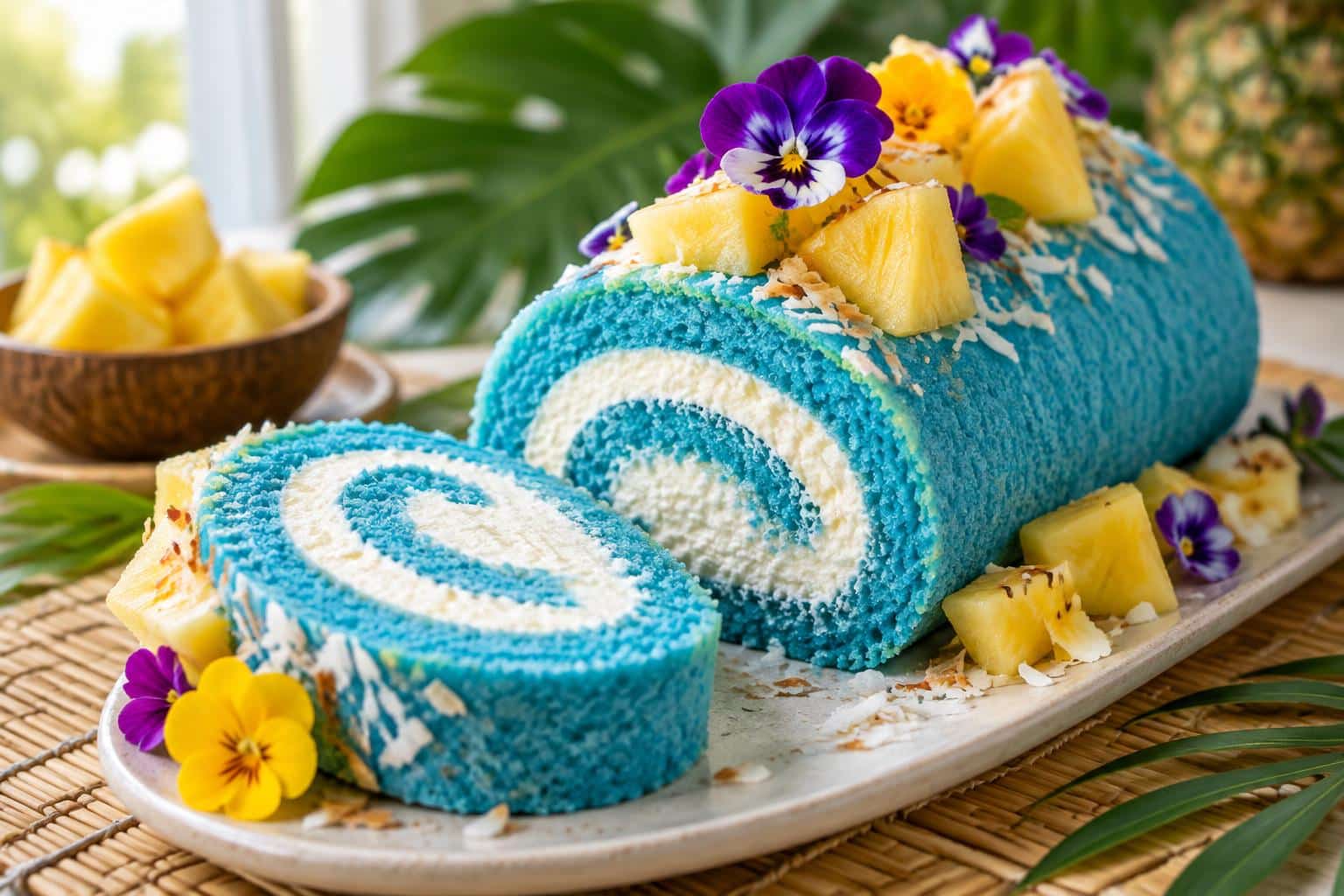 Tropical blue cake roll with pineapple garnish, showcasing the tropical blue cake roll dessert