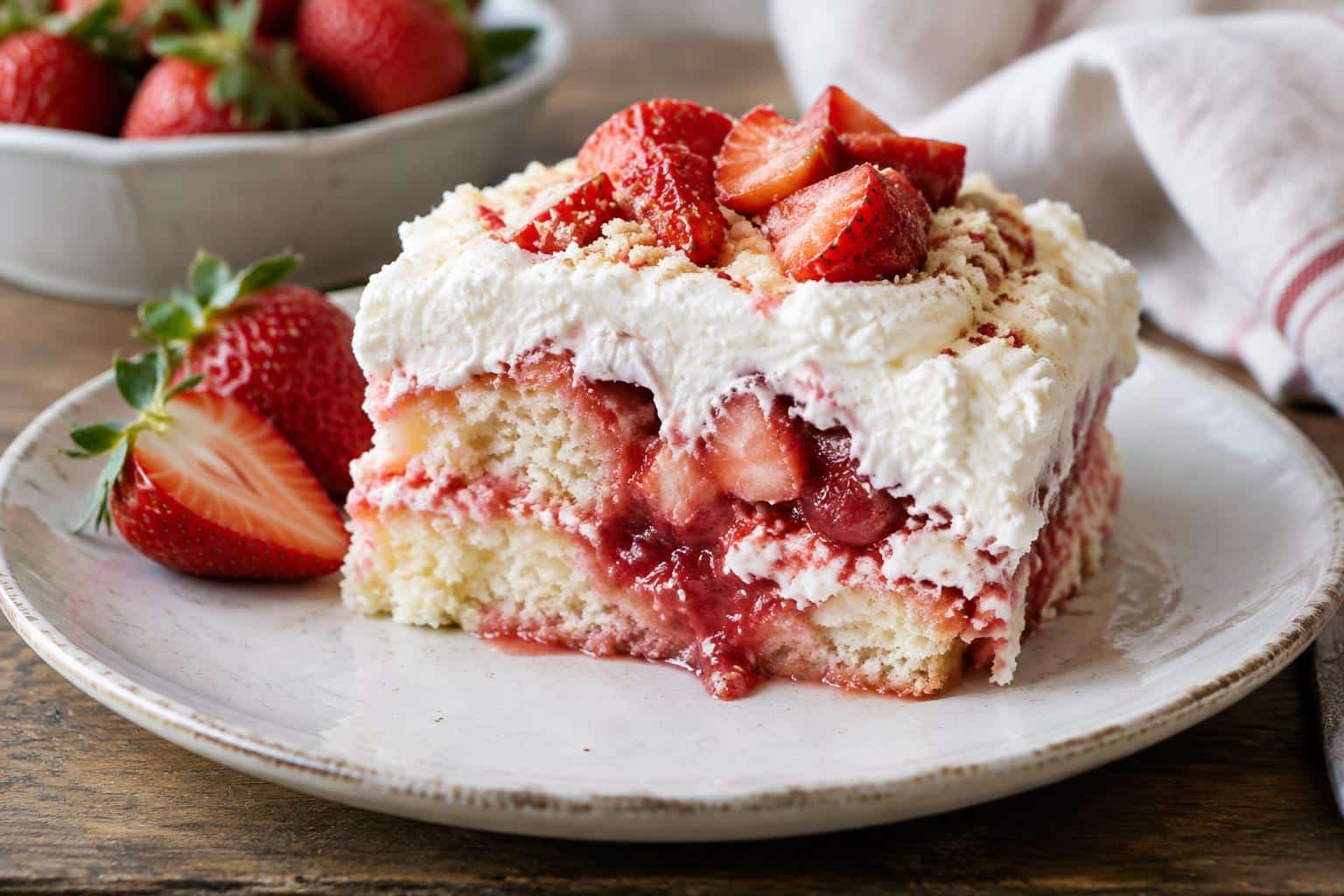 A slice of strawberry earthquake cake with gooey strawberry filling and cream cheese frosting