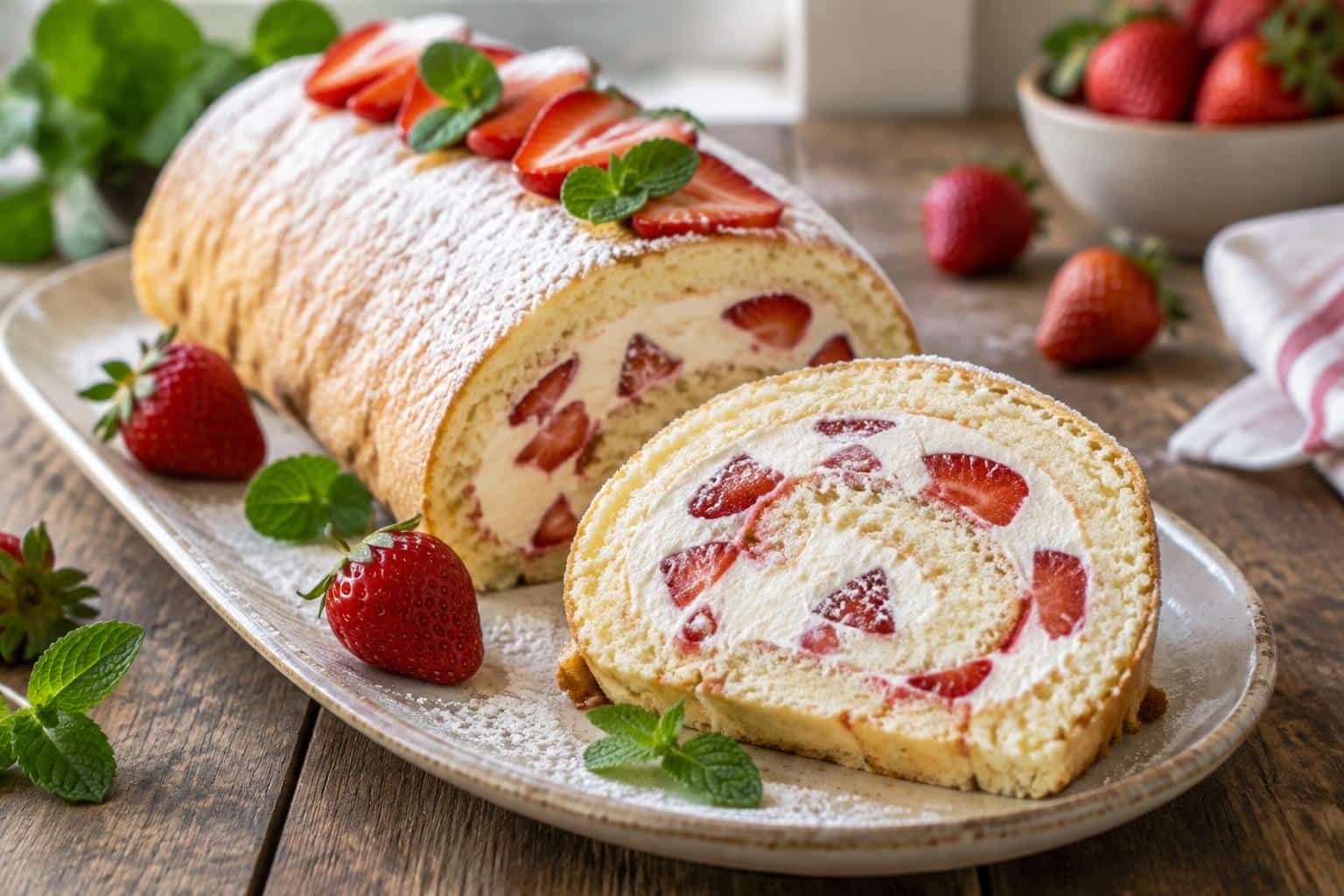Strawberry shortcake roulade with fresh strawberries and whipped cream filling on rustic wooden surface