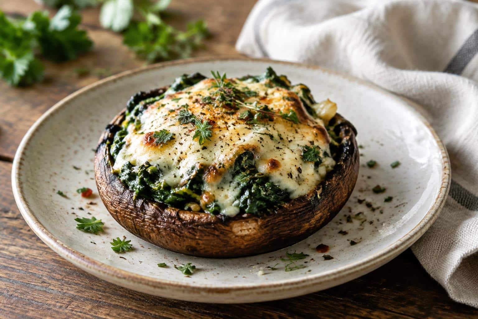 Stuffed portabella mushroom with melted cheese and herbs on a rustic wooden surface, stuffed portabella mushroom dish