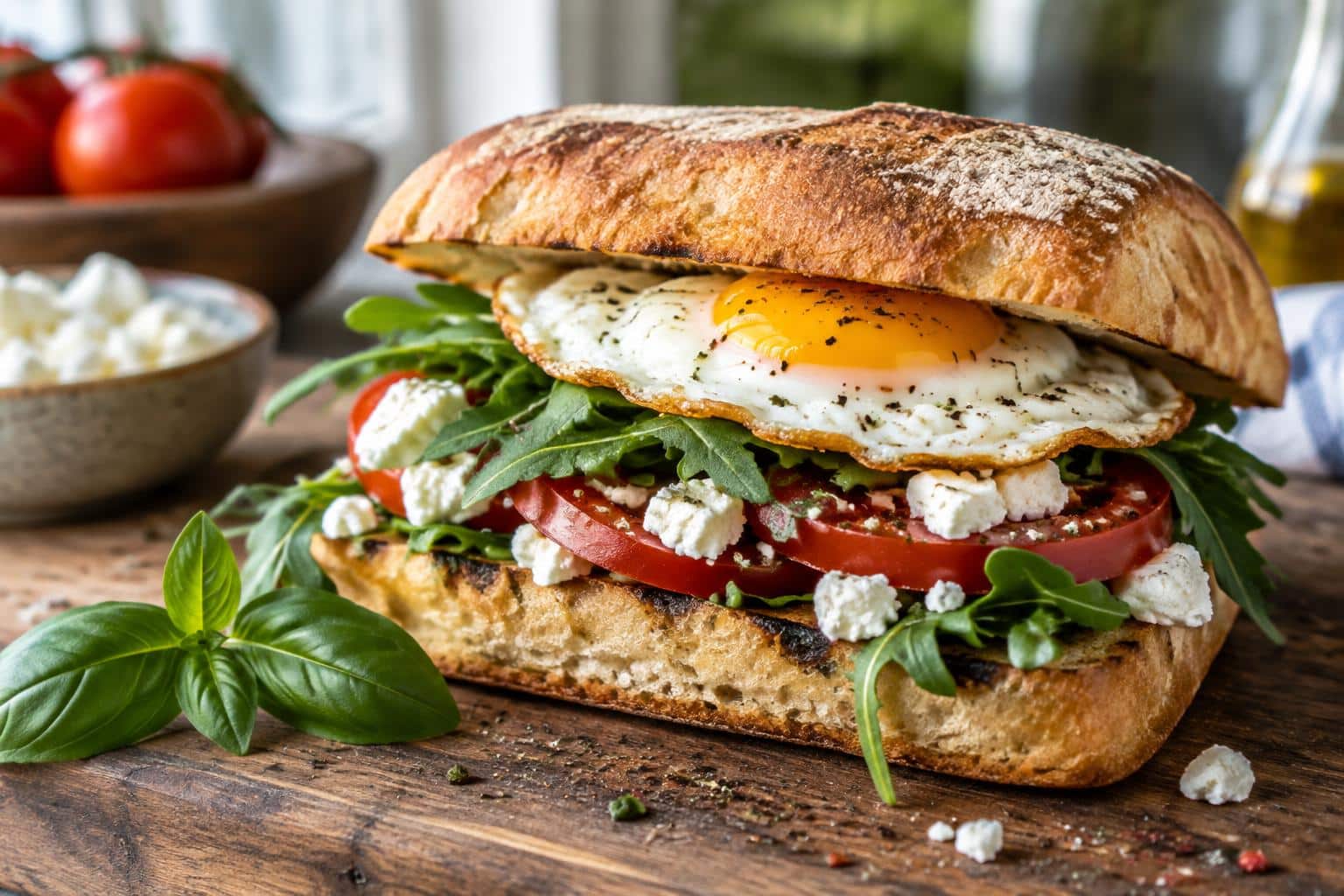 Sun-kissed Mediterranean breakfast sandwich with egg, feta, tomatoes, and arugula on toasted ciabatta bread