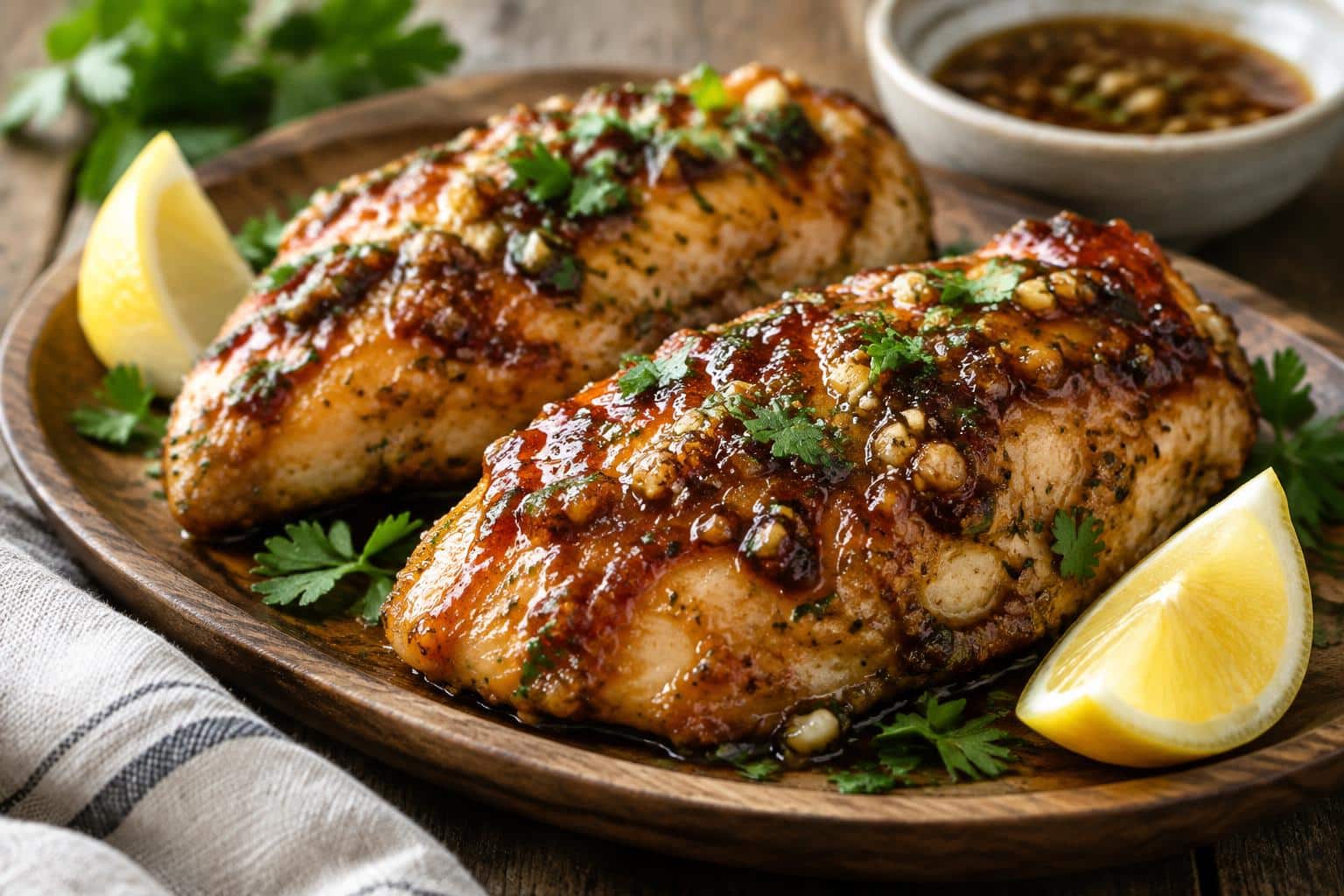 Brown sugar garlic chicken breasts glazed and garnished with parsley and lemon wedges, ready to serve