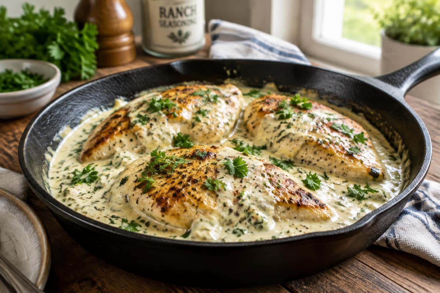 Creamy ranch chicken skillet with golden seared chicken and creamy ranch sauce garnished with parsley