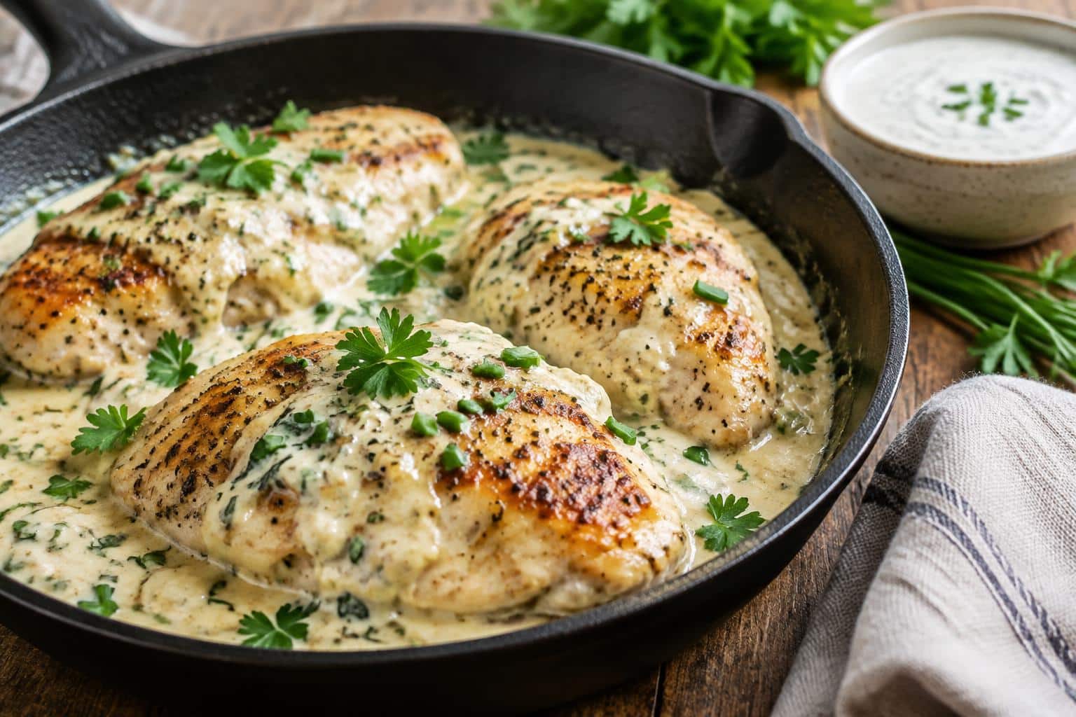 Creamy ranch chicken skillet with golden seared chicken and creamy ranch sauce