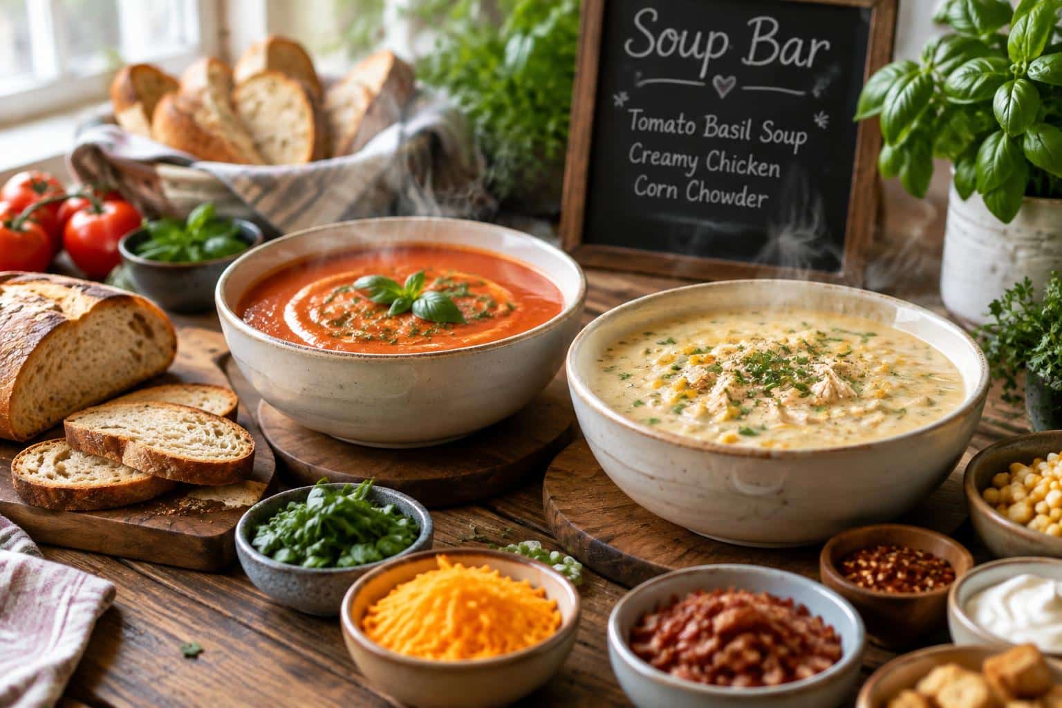 Cozy soup bar ideas with steaming soups and assorted toppings in a warm setting