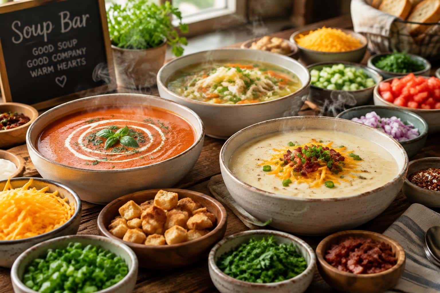 Inviting soup bar ideas with steaming bowls and colorful toppings for cozy celebrations