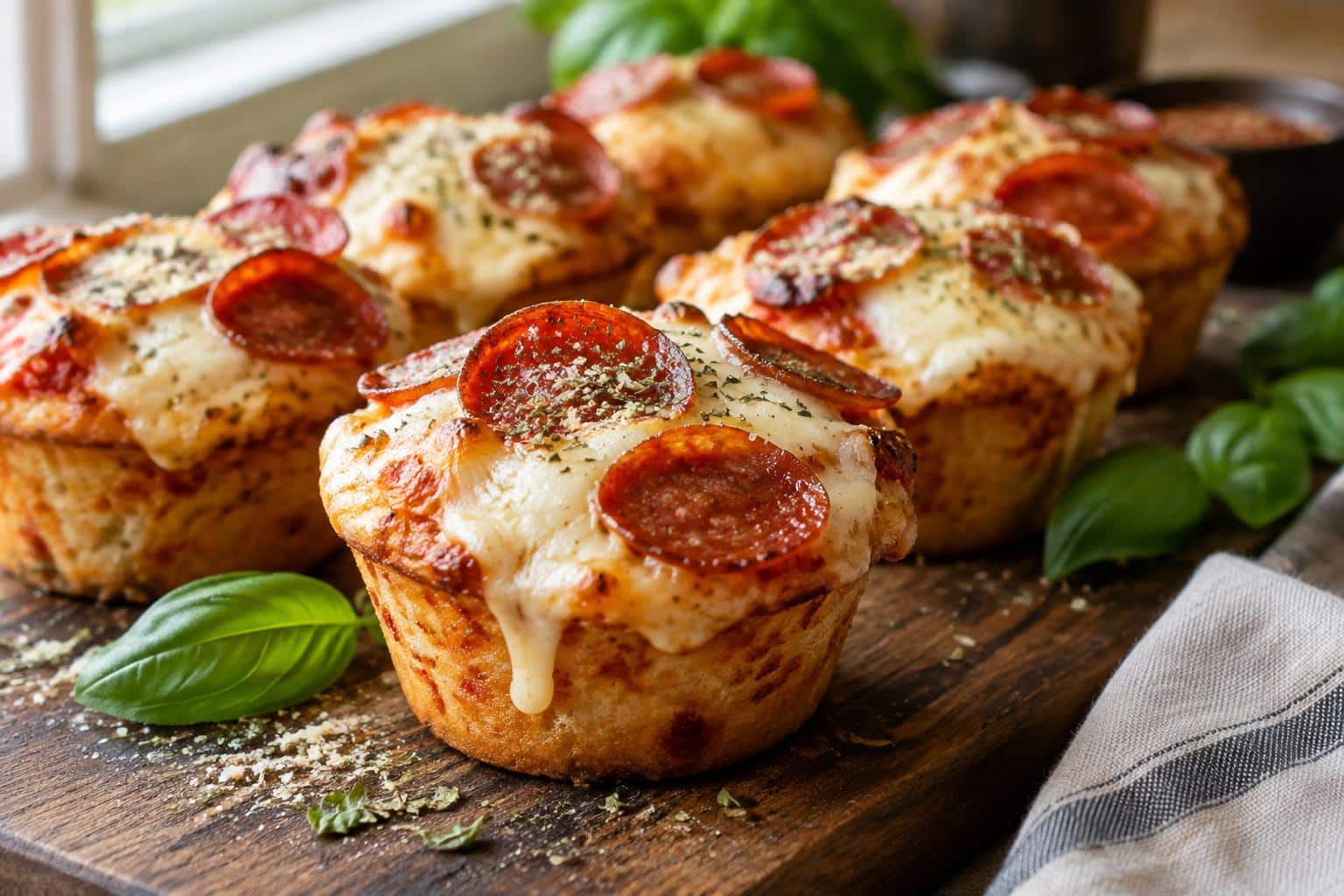 Delicious pizza cupcakes with melted cheese and pepperoni, a fun pizza cupcakes dish kids love