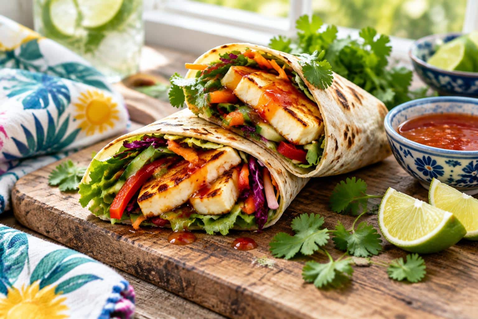 Sweet chili halloumi wraps with grilled cheese and fresh vegetables in soft tortillas