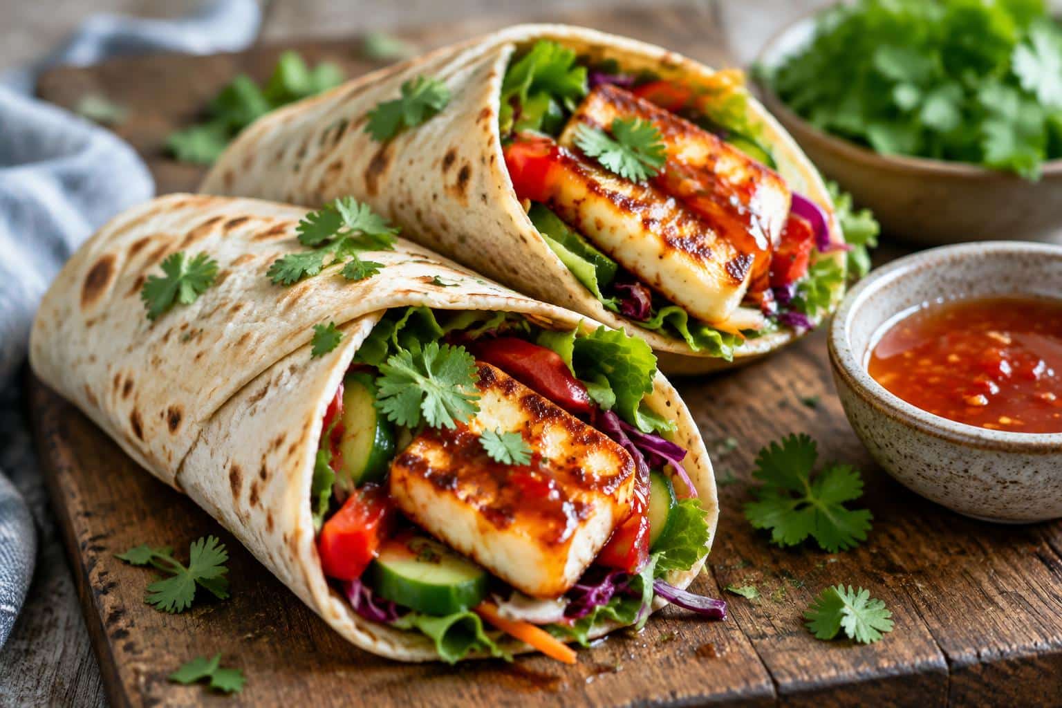 Sweet chili halloumi wraps filled with grilled cheese and fresh vegetables in tortillas
