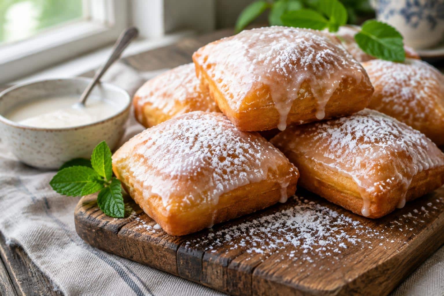 Golden glazed buttermilk beignet squares with sugar glaze and powdered sugar on rustic wooden board