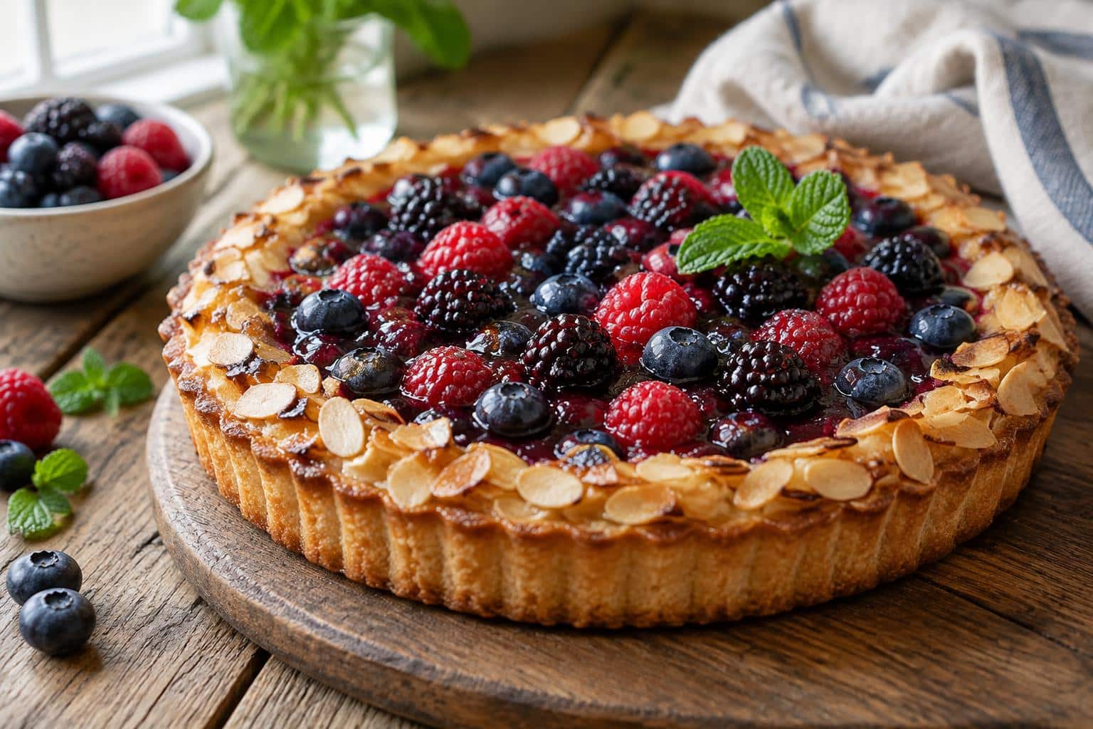 Sweet Little Bluebird berry almond tart with fresh berries and almond crust