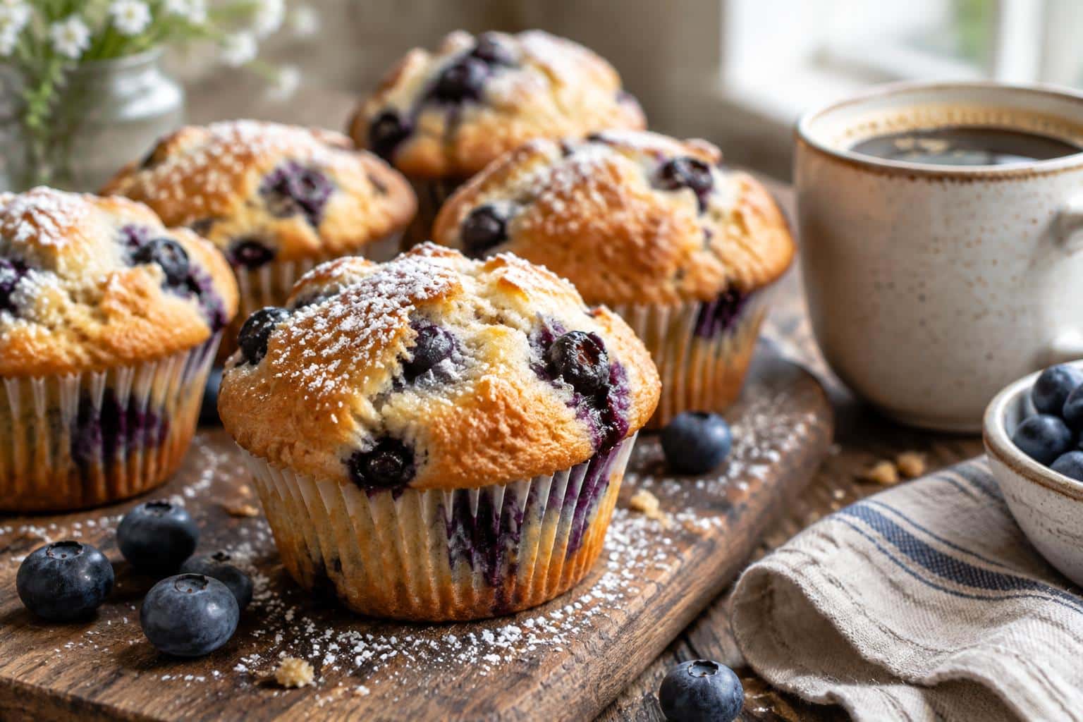 Sweet little bluebird muffins freshly baked with blueberries and golden crust on wooden surface