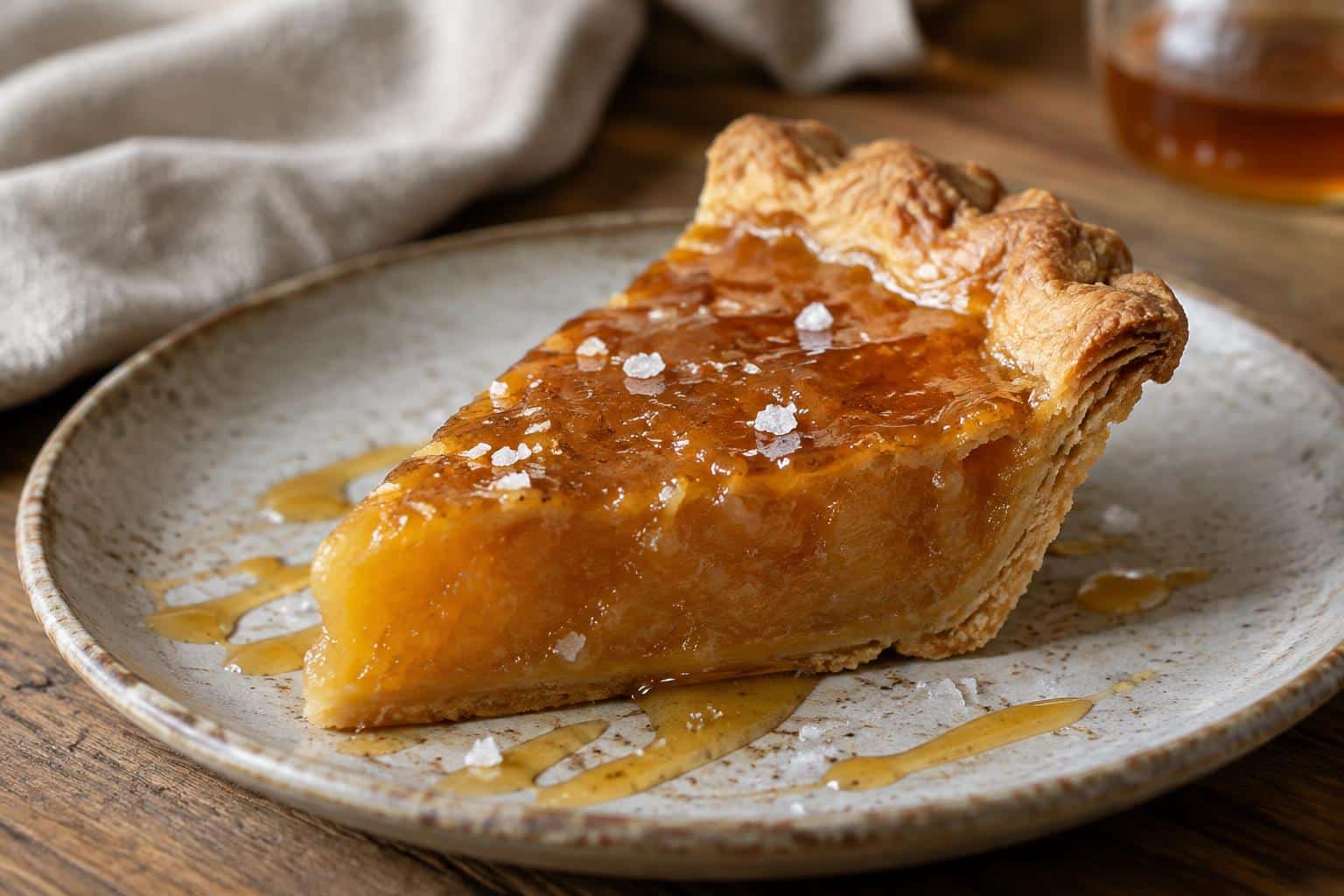 A slice of salted honey pie with glossy honey glaze and flaky crust, showcasing the salted honey pie dessert