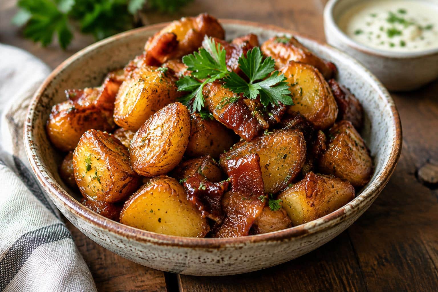 Crispy sweet and savory bacon-glazed potatoes served in a rustic bowl with fresh parsley garnish