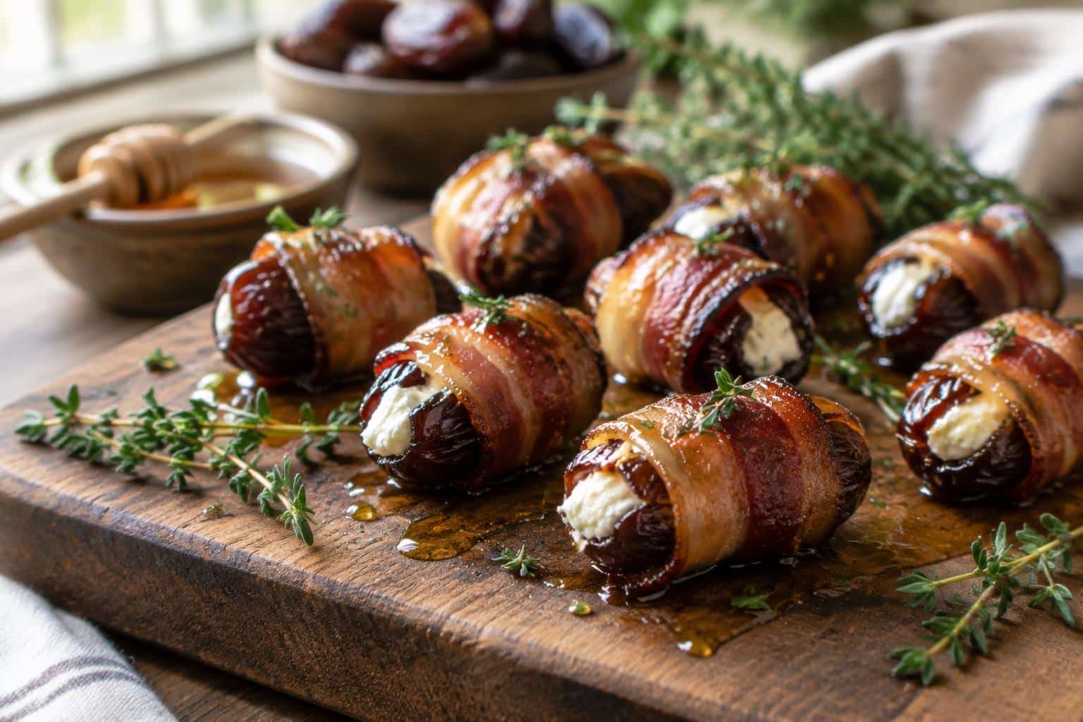 Bacon-wrapped dates stuffed with goat cheese and drizzled with honey, a sweet and savory appetizer