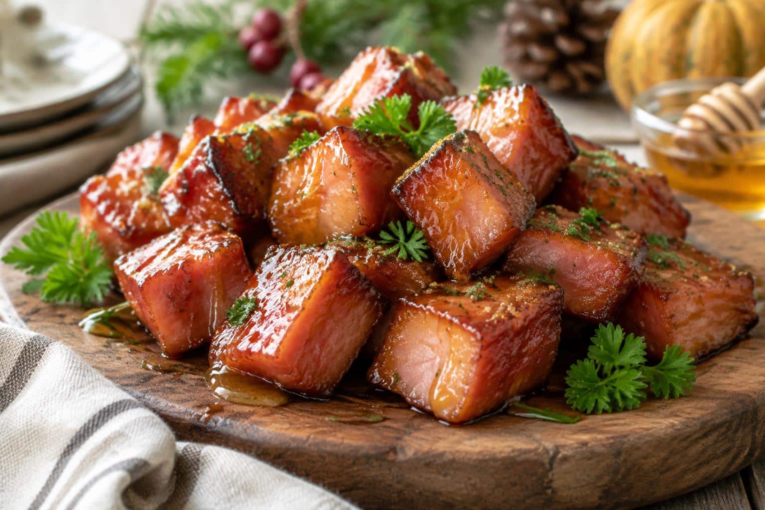 Sweet and savory brown sugar honey glazed ham bites garnished with fresh parsley on a rustic wooden platter