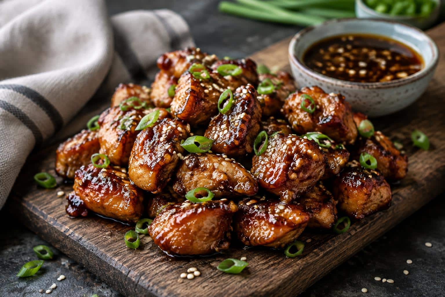 Sweet and smoky honey garlic chicken bites garnished with green onions and sesame seeds