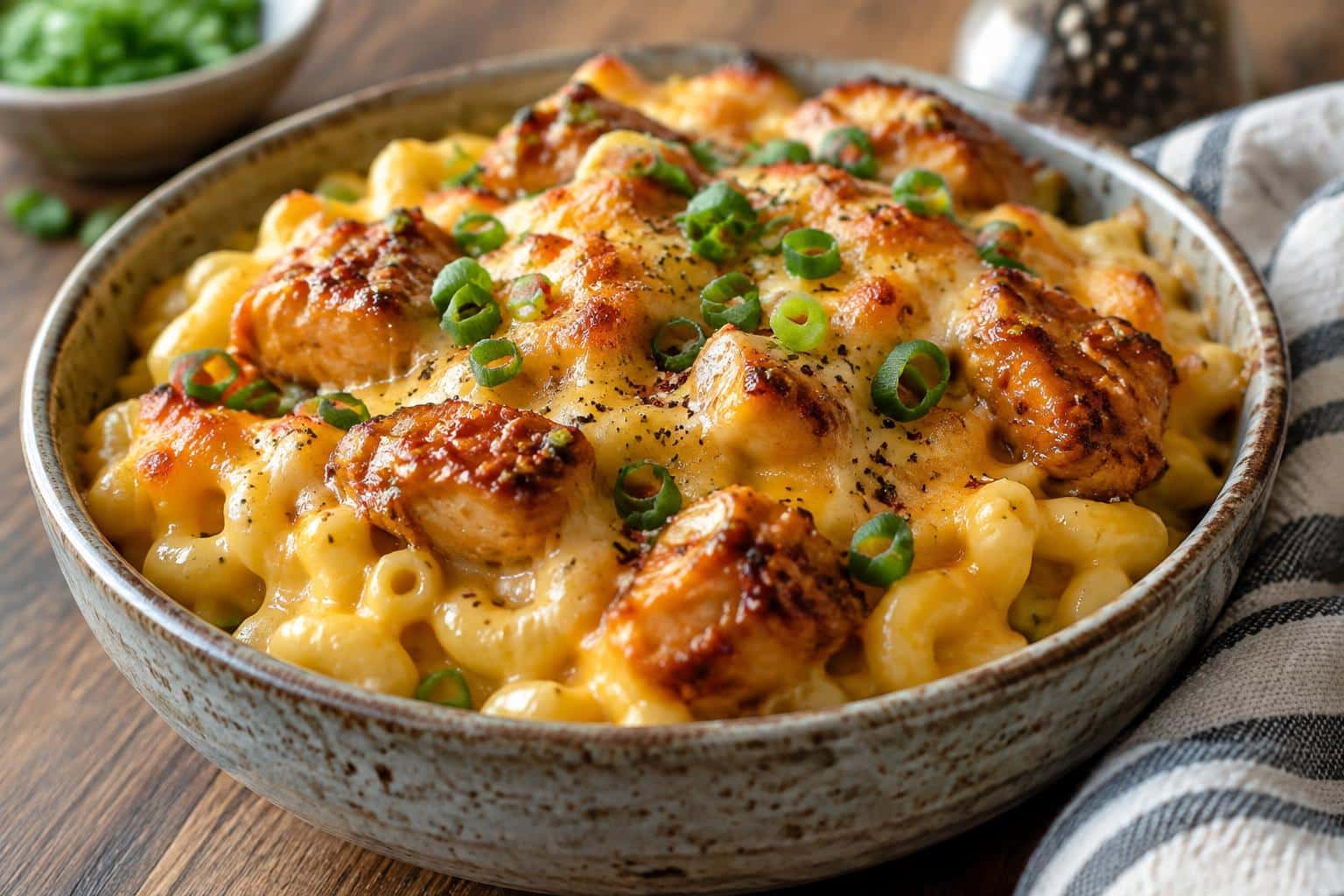 Sweet and spicy honey pepper chicken mac ‘n’ cheese with melted cheese and green onion garnish