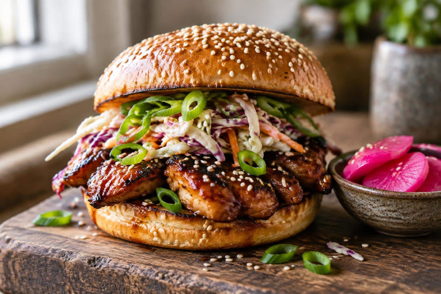 Korean BBQ chicken sandwich with sweet and spicy grilled chicken and fresh toppings