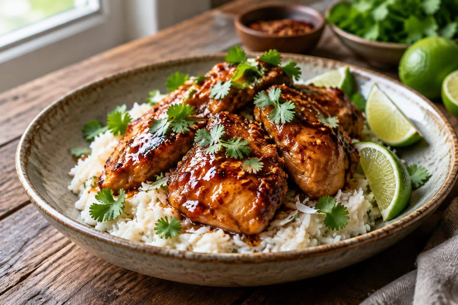 Sweet and spicy maple chicken served on creamy coconut rice with cilantro garnish