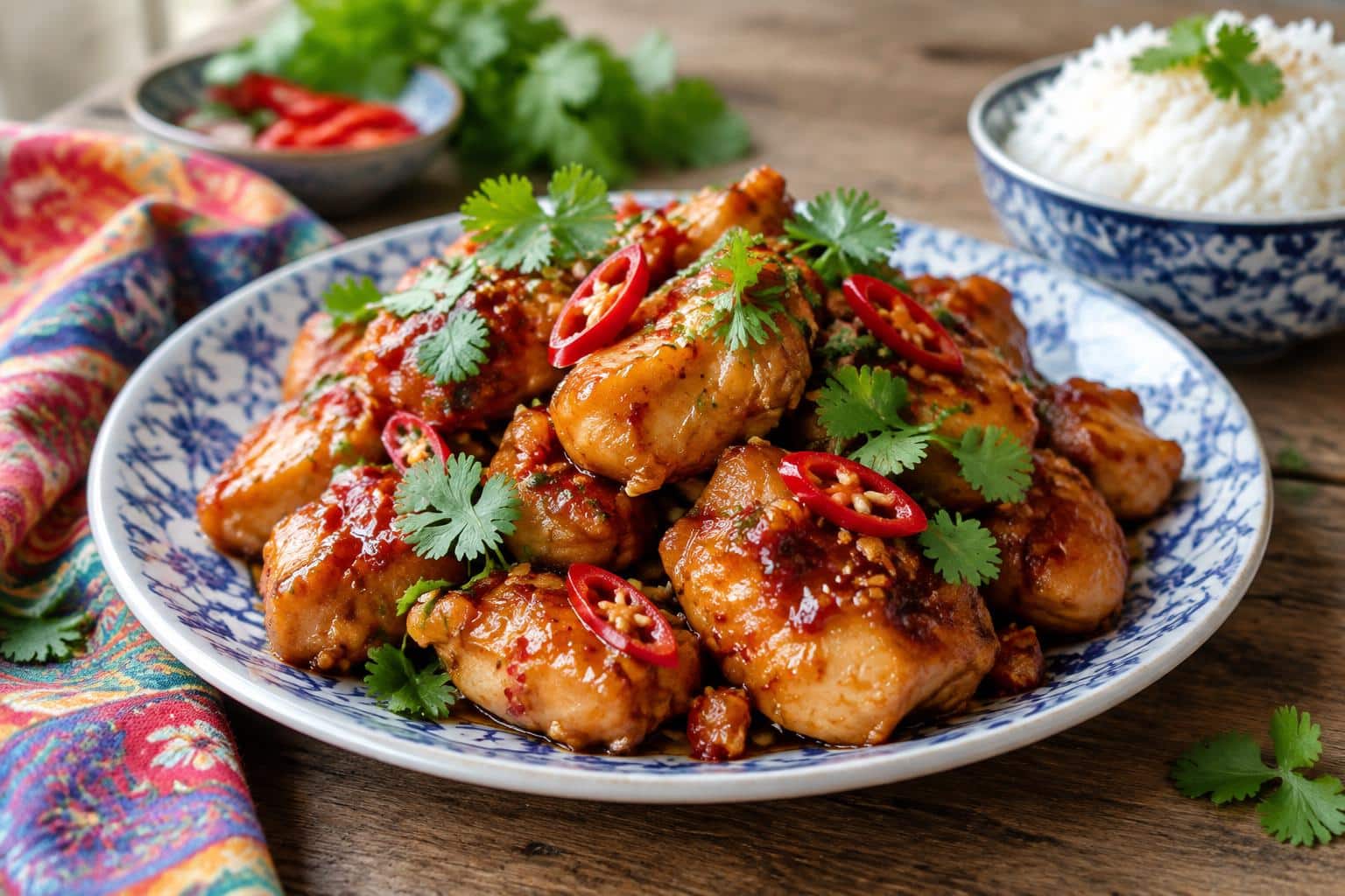plate of sweet and spicy thai chicken garnished with cilantro and chili peppers