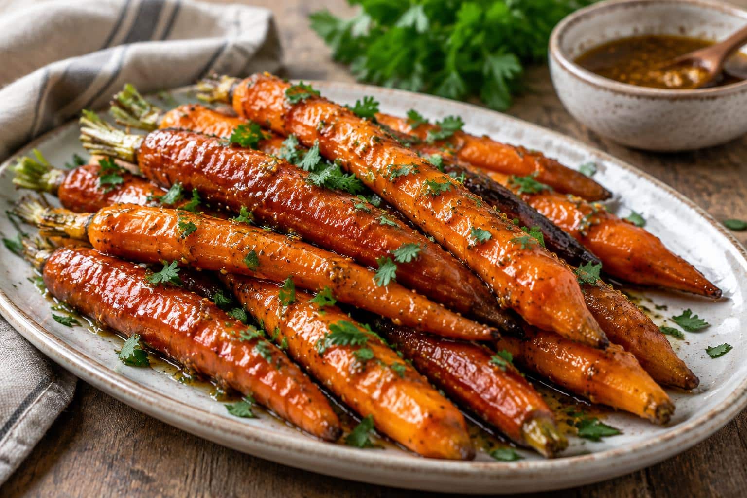 Maple mustard glazed carrots roasted to perfection with fresh parsley garnish