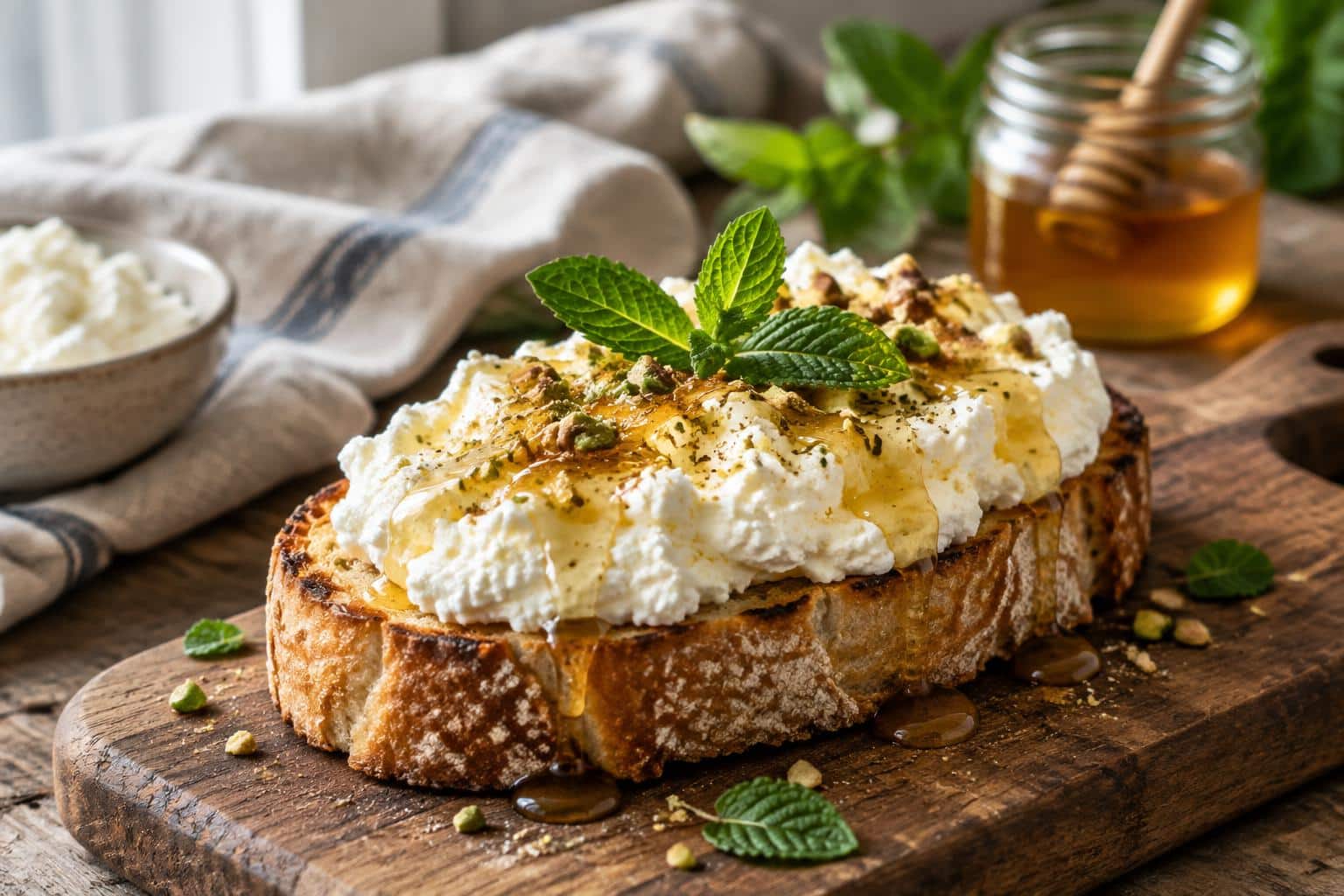 Sweet whipped ricotta honey toast drizzled with honey and garnished with mint on rustic board