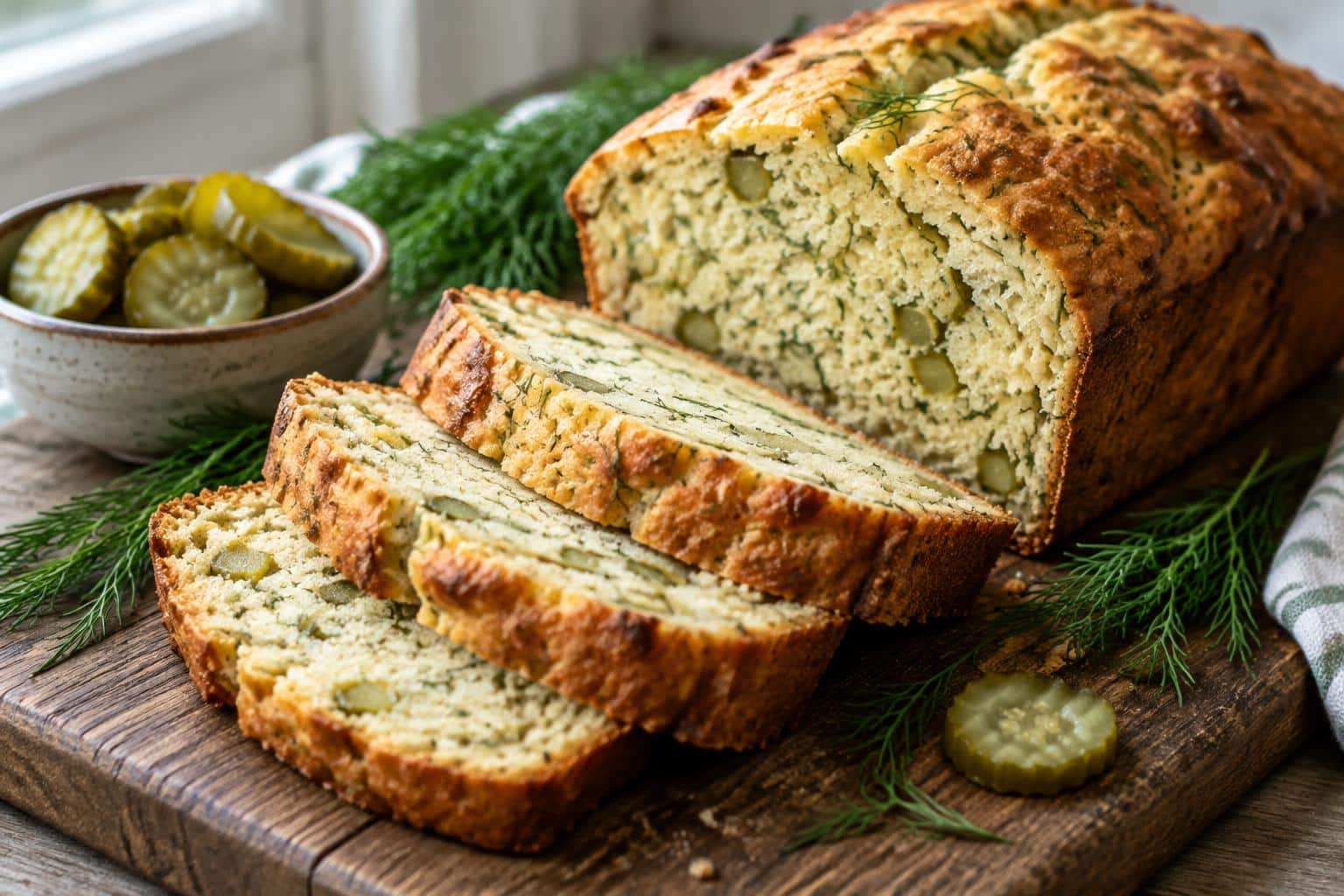 Sliced tangy dill pickle bread loaf with visible dill and pickle bits, freshly baked and golden crust