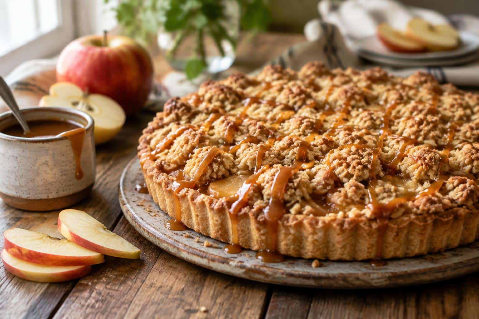 Delicious tarte crumble with apples and caramel dessert on rustic wooden table
