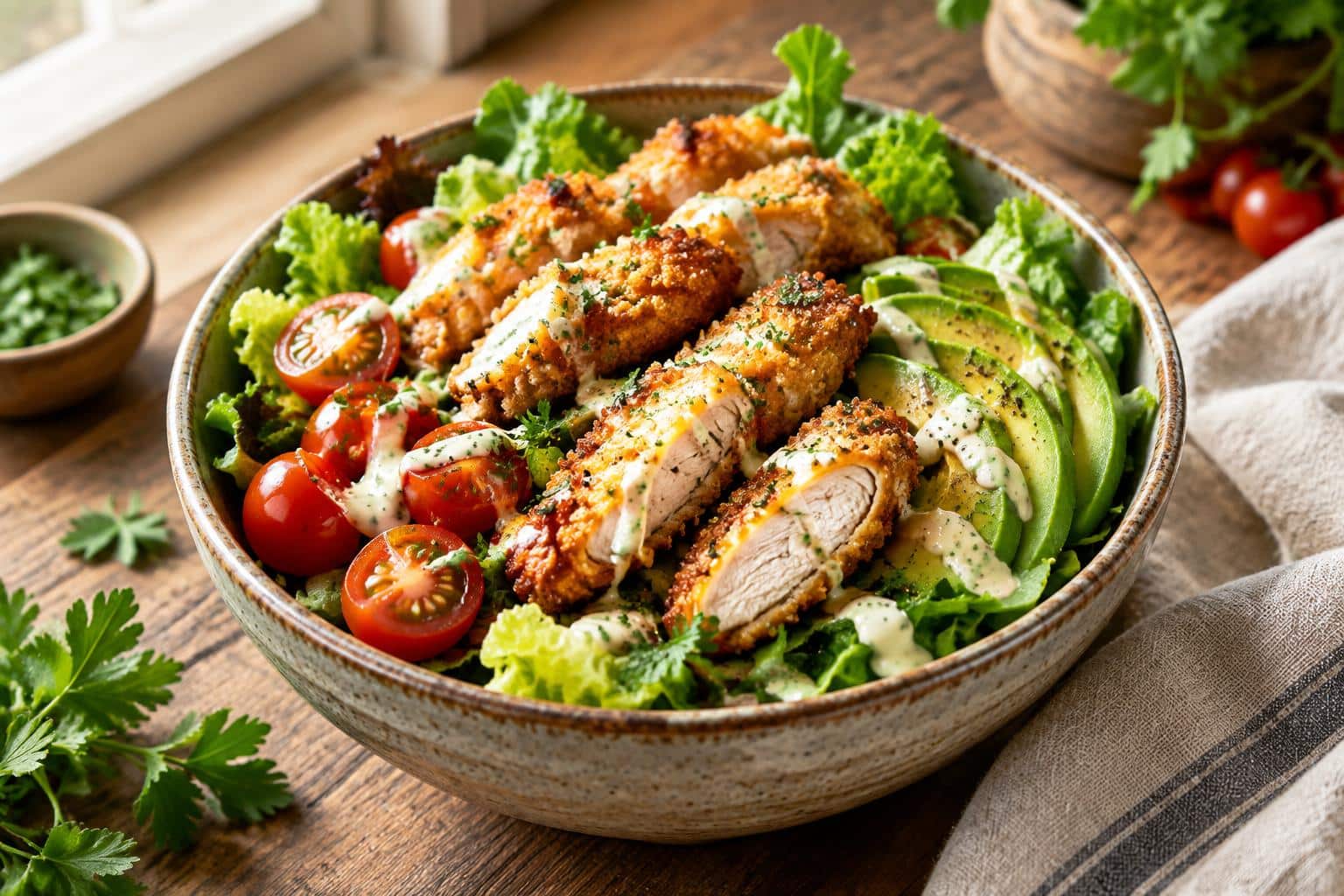Tasty crousty maison viral fast food bowl with crispy chicken and fresh vegetables