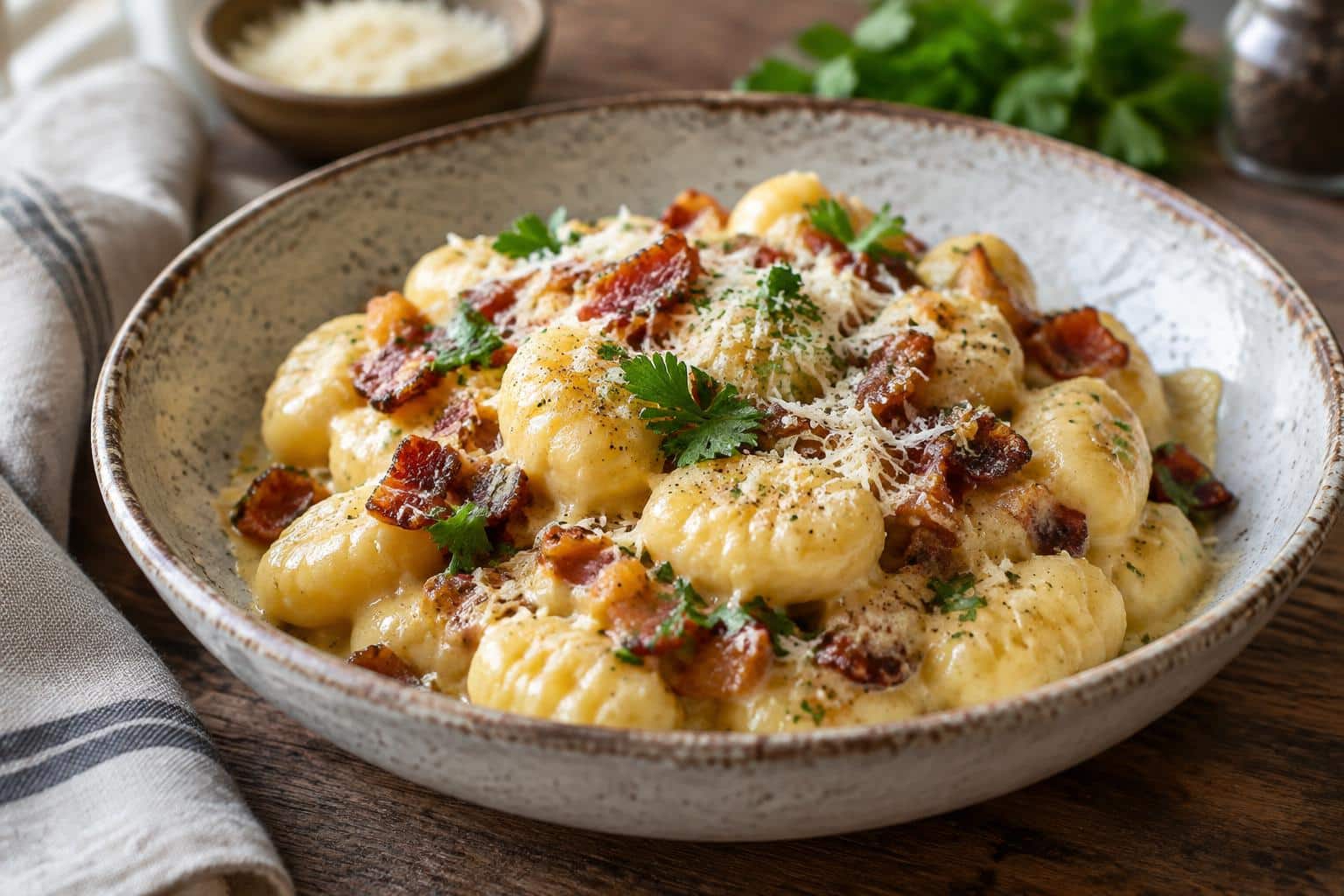 Creamy gnocchi carbonara with crispy bacon and Parmesan cheese on rustic table