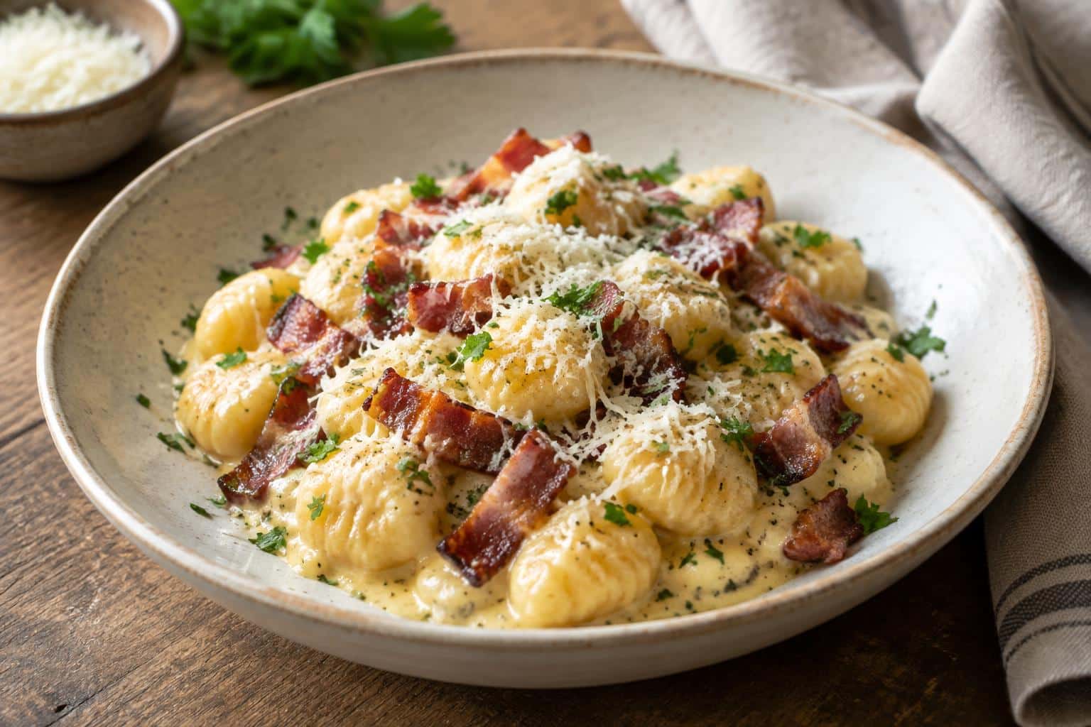 Plate of gnocchi carbonara with bacon and Parmesan cheese in creamy sauce garnished with parsley