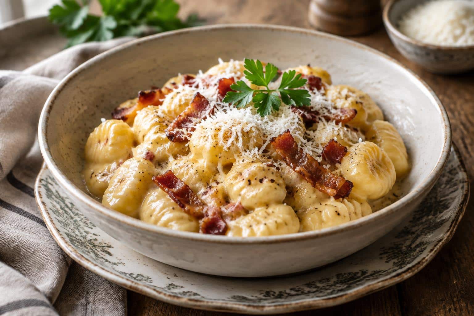 Creamy gnocchi carbonara with bacon and Parmesan on rustic plate