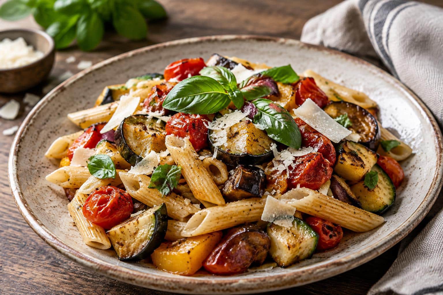 Tasty roasted vegetable pasta with fresh basil and Parmesan, served on rustic plate