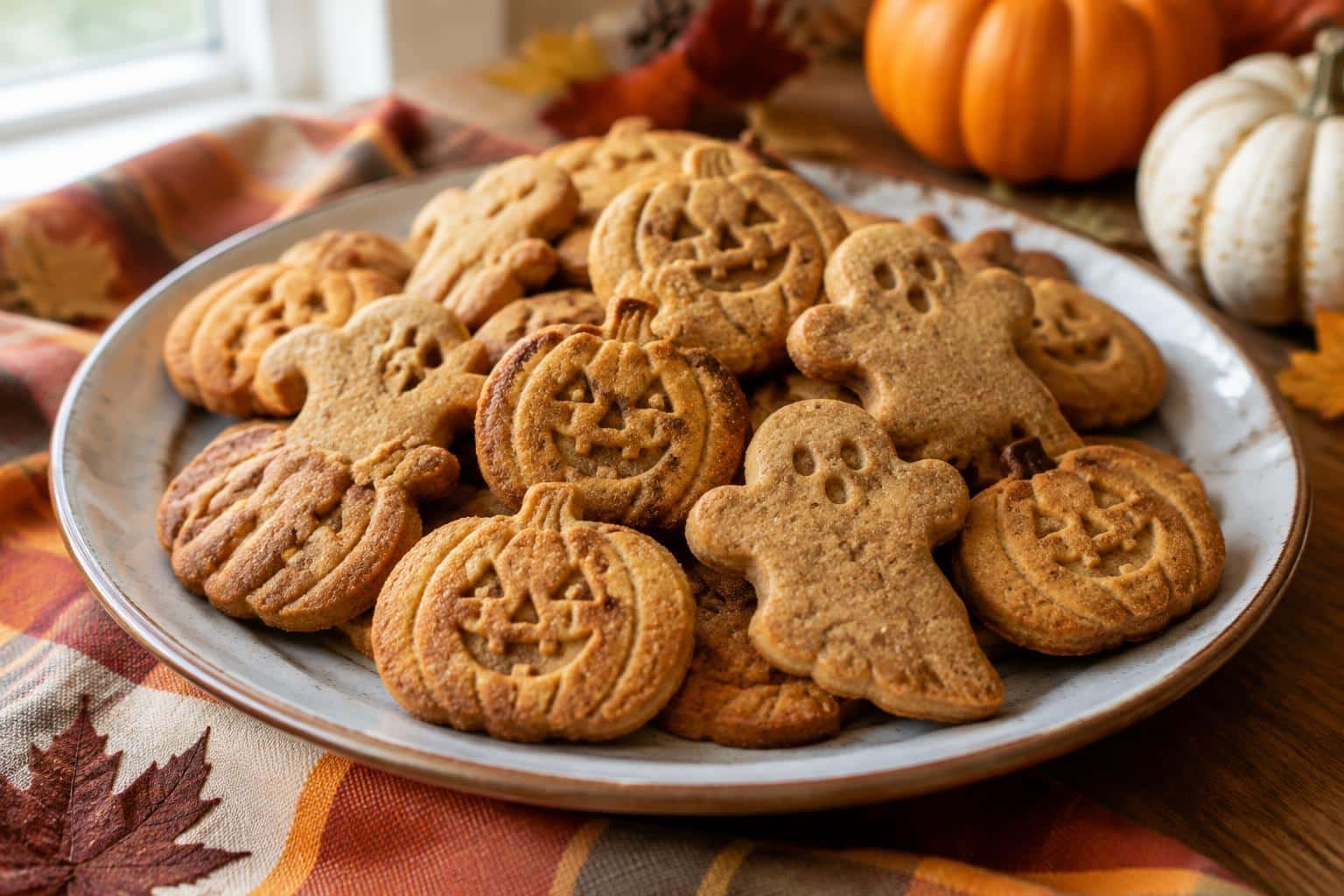 Plate of freshly baked Teddy Graham Halloween cookies with pumpkin and ghost shapes in natural light