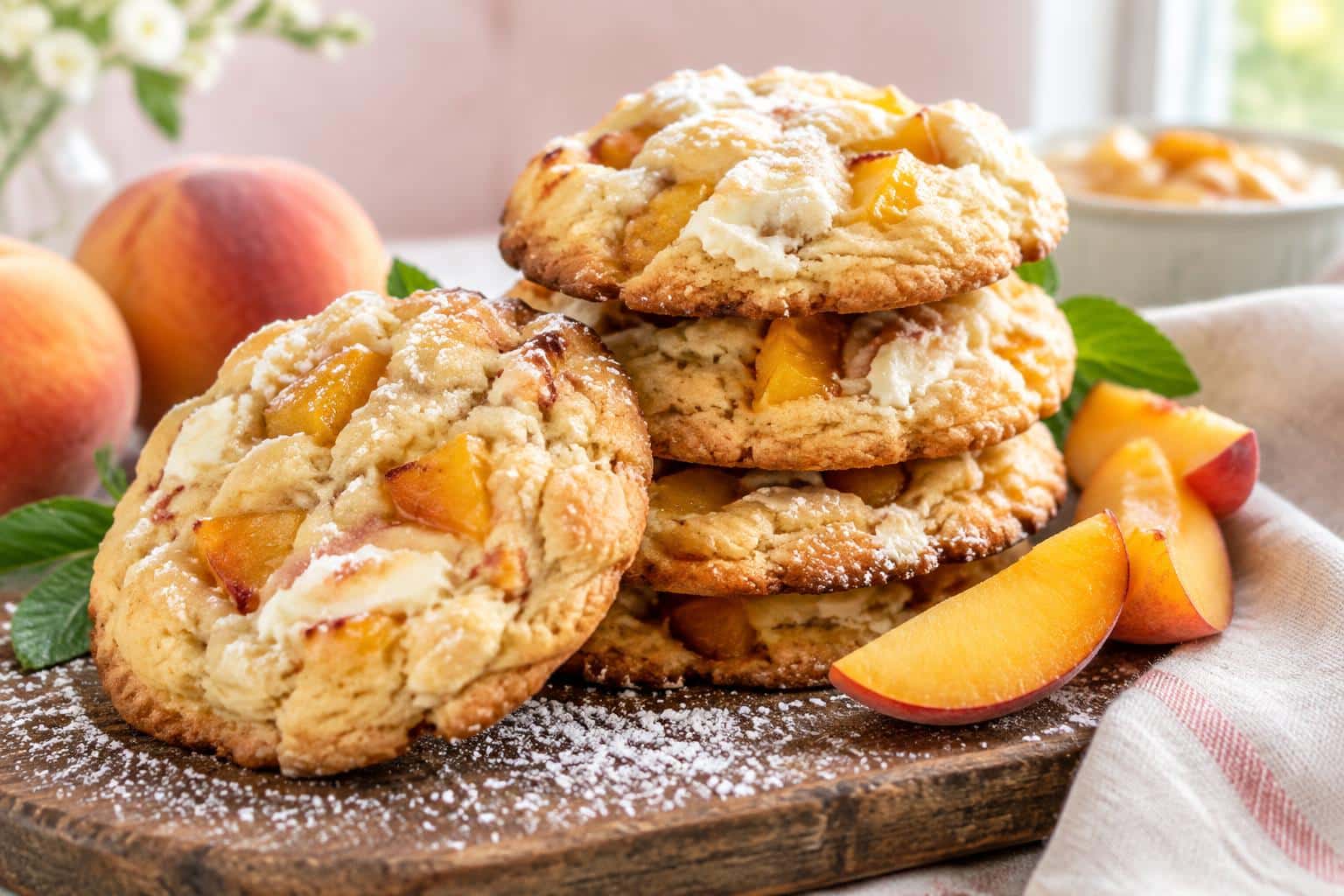 Tender and chewy peaches and cream cookies stacked on a rustic board with fresh peach slices