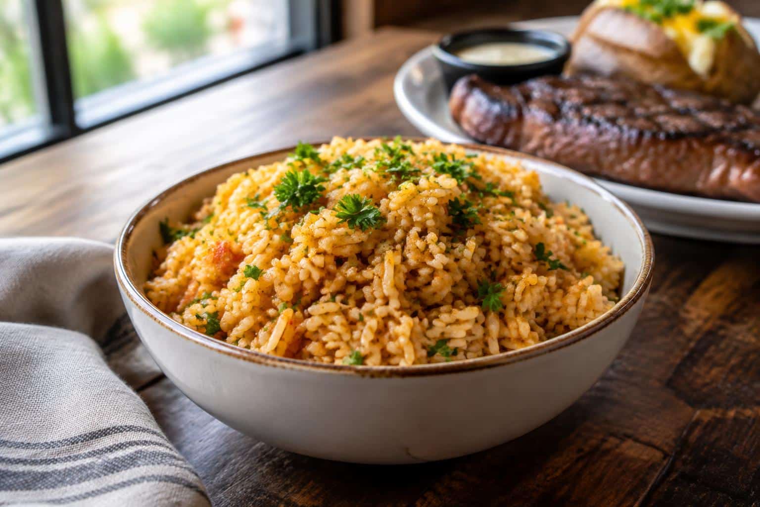 Bowl of Texas Roadhouse seasoned rice garnished with parsley next to steak, showcasing seasoned rice