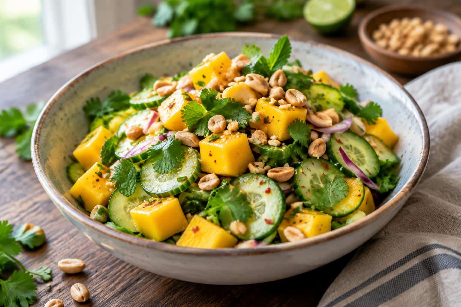 Thai mango cucumber salad with fresh mango chunks and cucumber slices in a bowl with herbs and peanuts