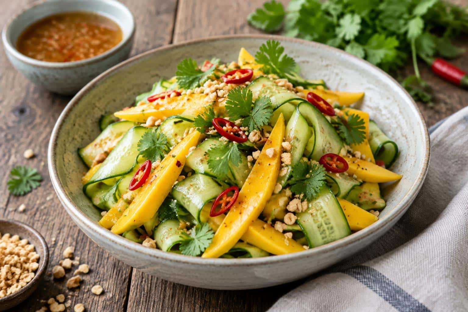 Thai mango cucumber salad with fresh mango slices, cucumber ribbons, and chili garnish
