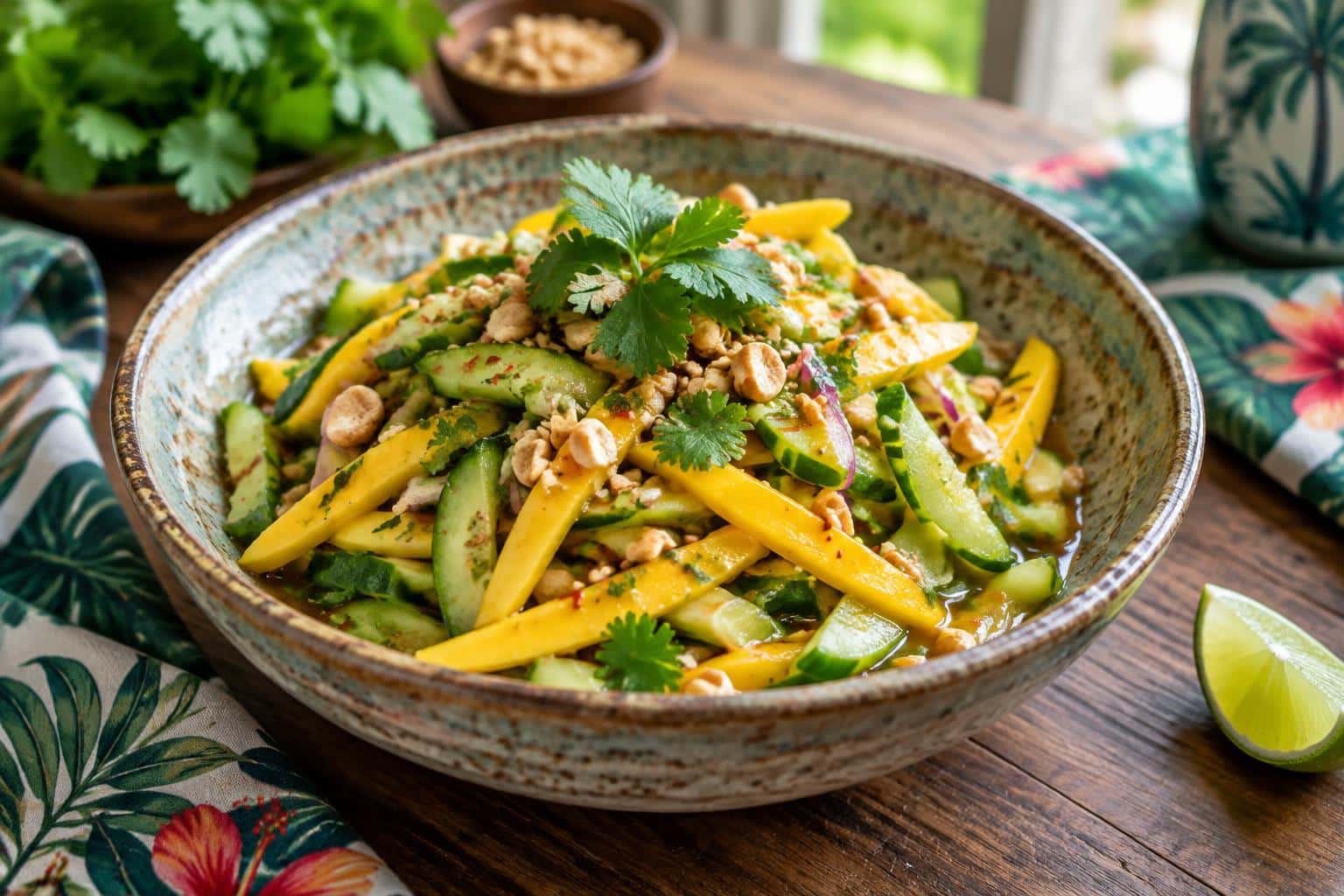 Fresh Thai mango cucumber salad with cilantro and peanuts in bowl, bright and refreshing