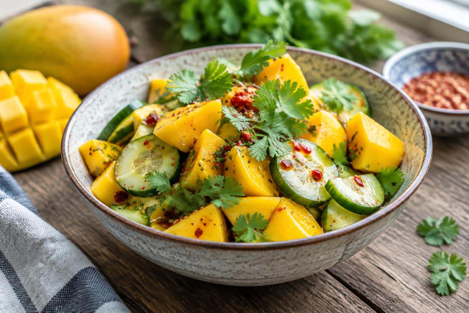 Thai mango cucumber salad with fresh mango, cucumber, and cilantro garnish in a bowl