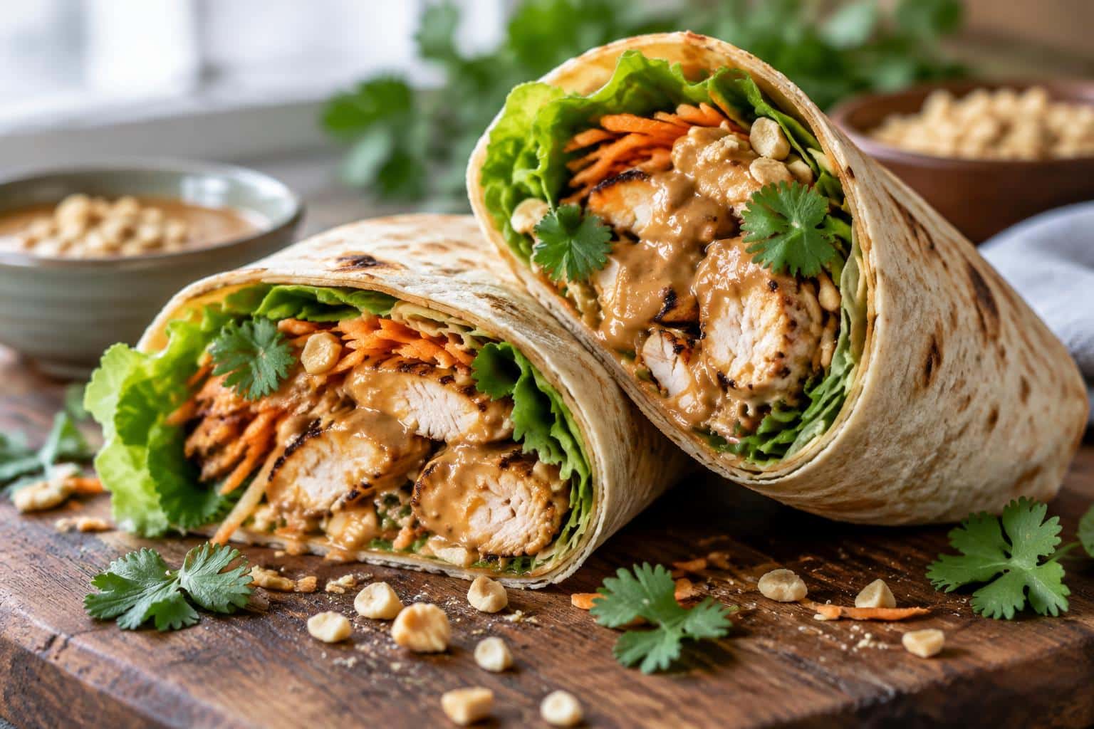 Thai peanut chicken wrap filled with grilled chicken, veggies and creamy peanut sauce