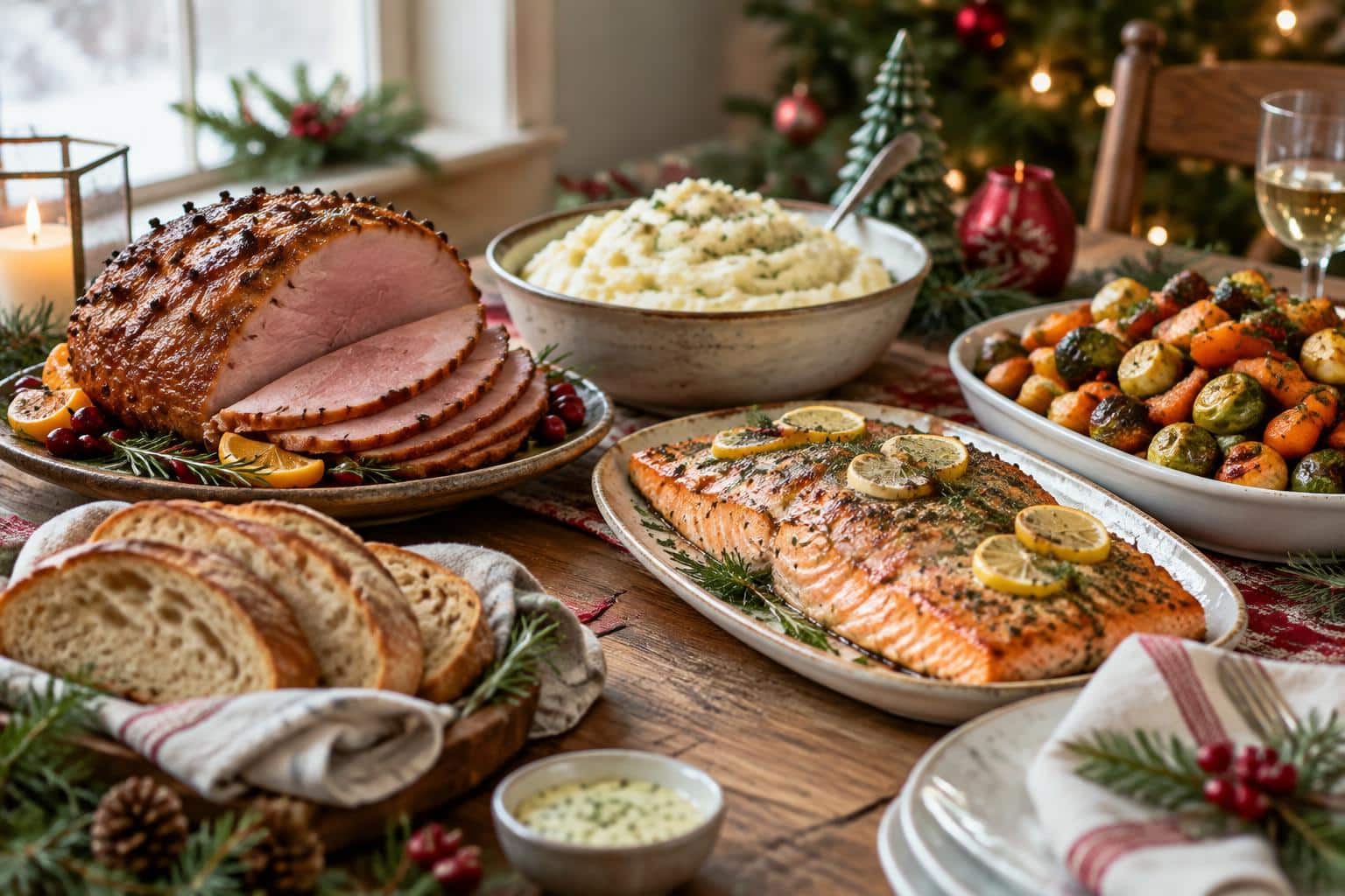 Traditional Christmas Eve dinner spread with roasted ham, salmon, and sides in warm natural light