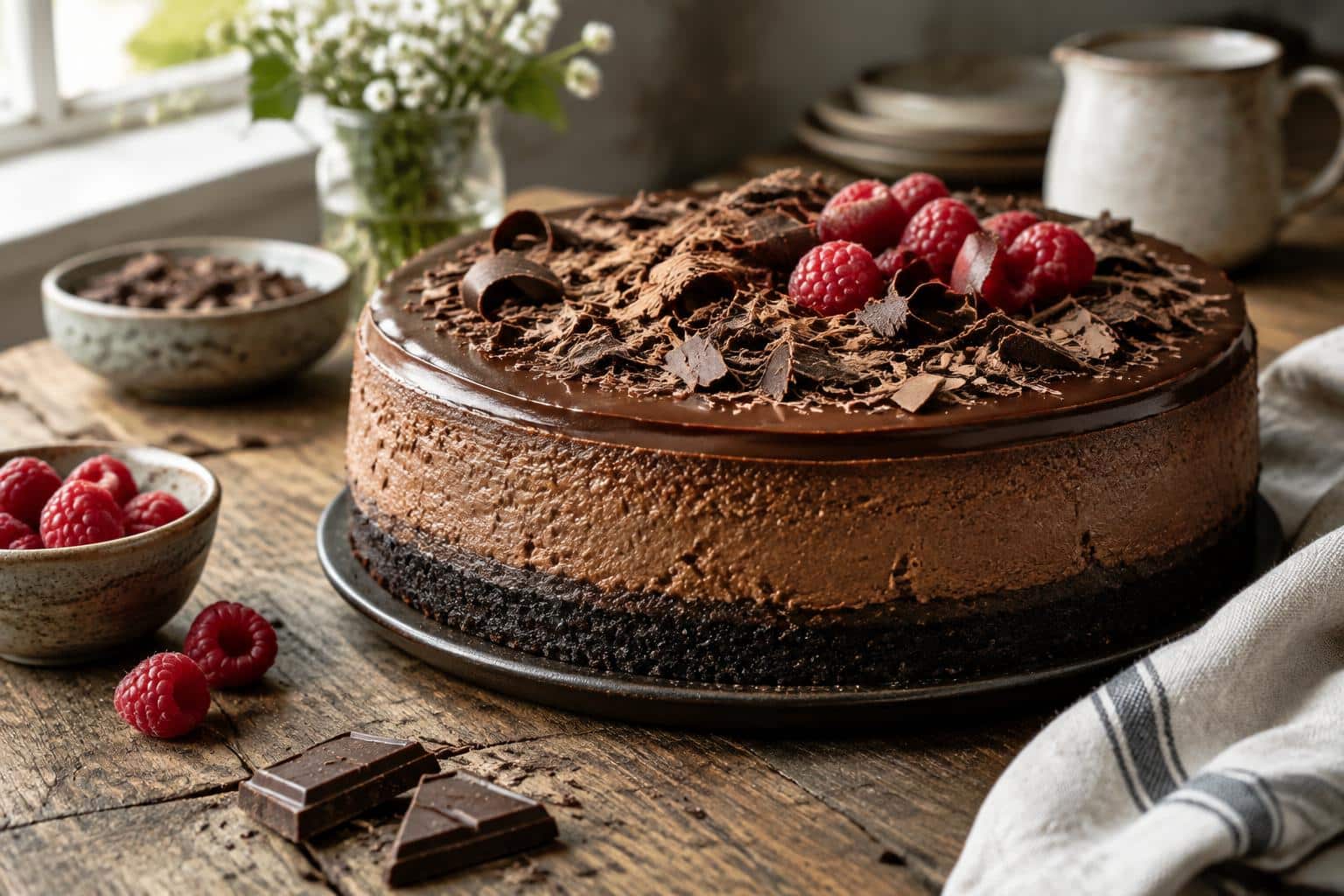 Close-up of a slice of triple chocolate cheesecakes showing creamy layers and chocolate topping