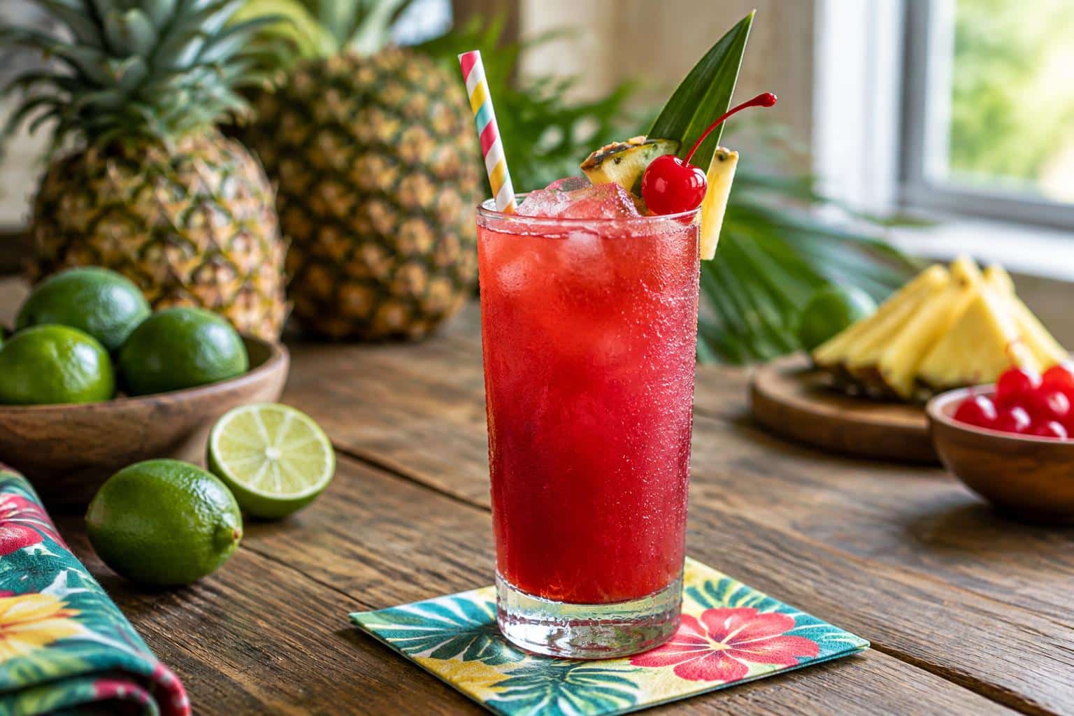 Refreshing cherry rum cocktail in tall glass with cherry garnish and tropical fruits