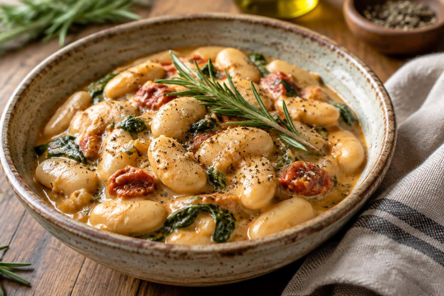 Creamy Tuscan marry me butter beans recipe served in a rustic bowl with rosemary garnish