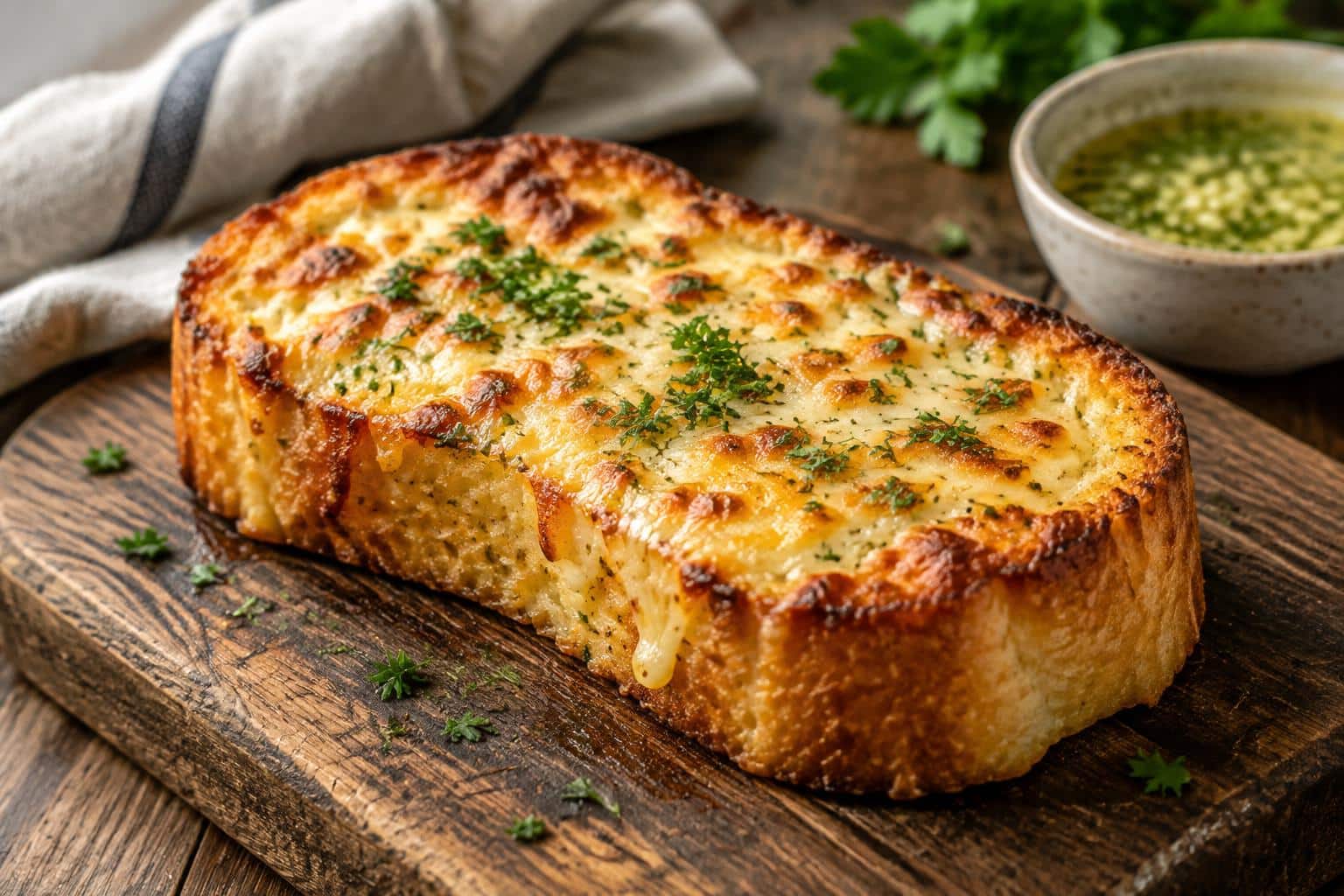 Golden cheesy Texas toast with melted cheese and parsley garnish on wooden board