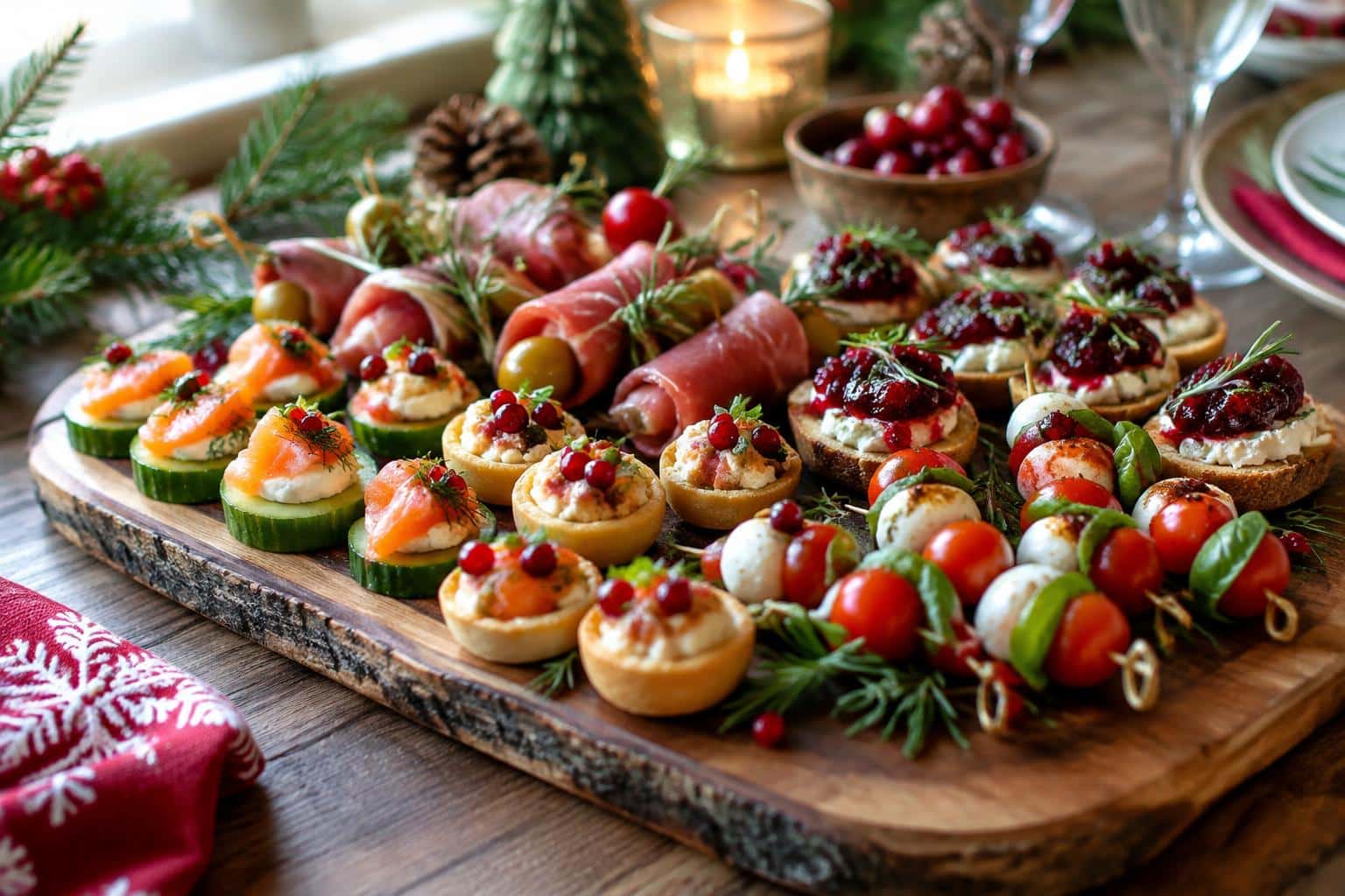 christmas mystery bag appetizer bites with festive garnishes and vibrant colors