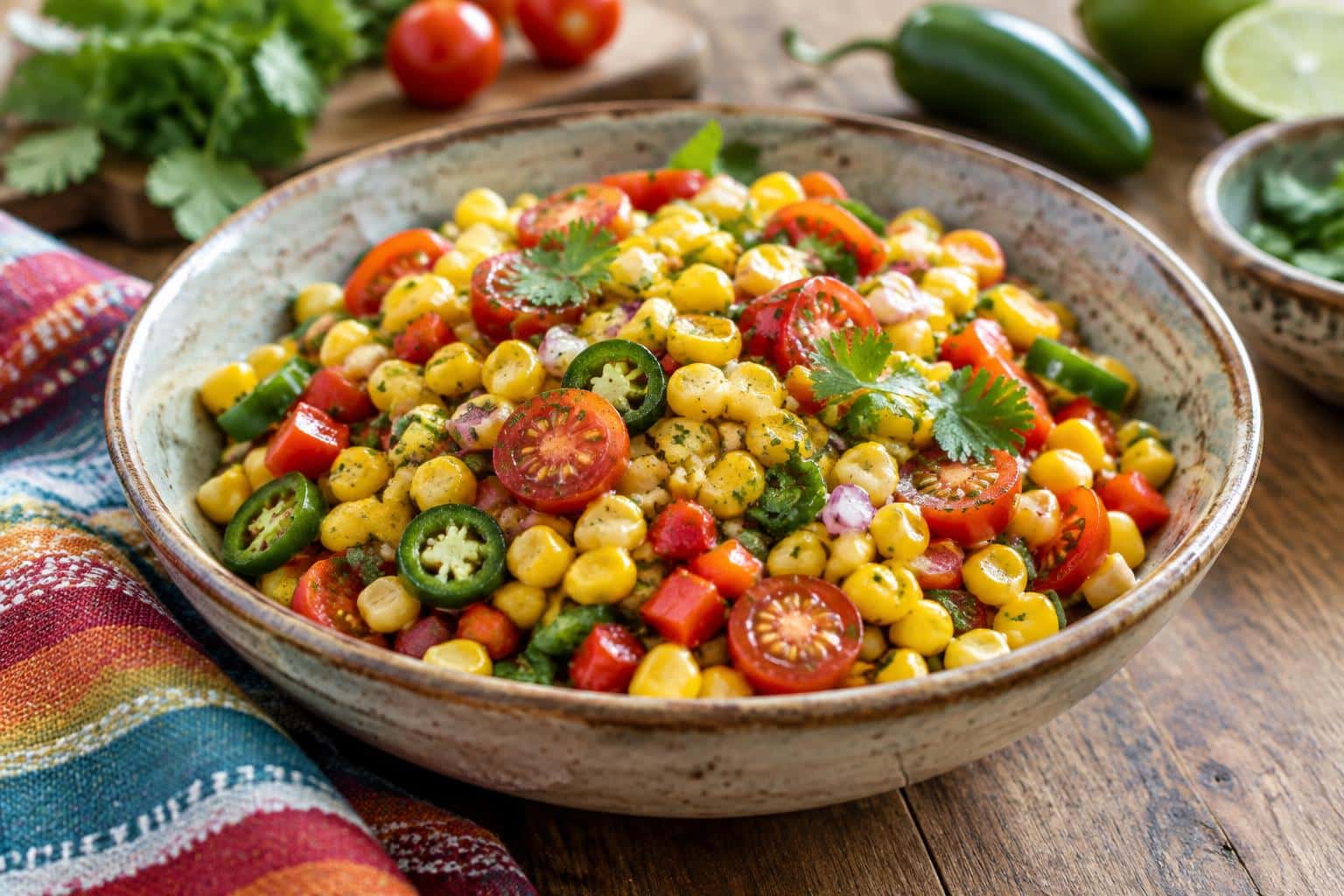 Ultimate corn salad with fresh vegetables and herbs in ceramic bowl, fresh corn salad